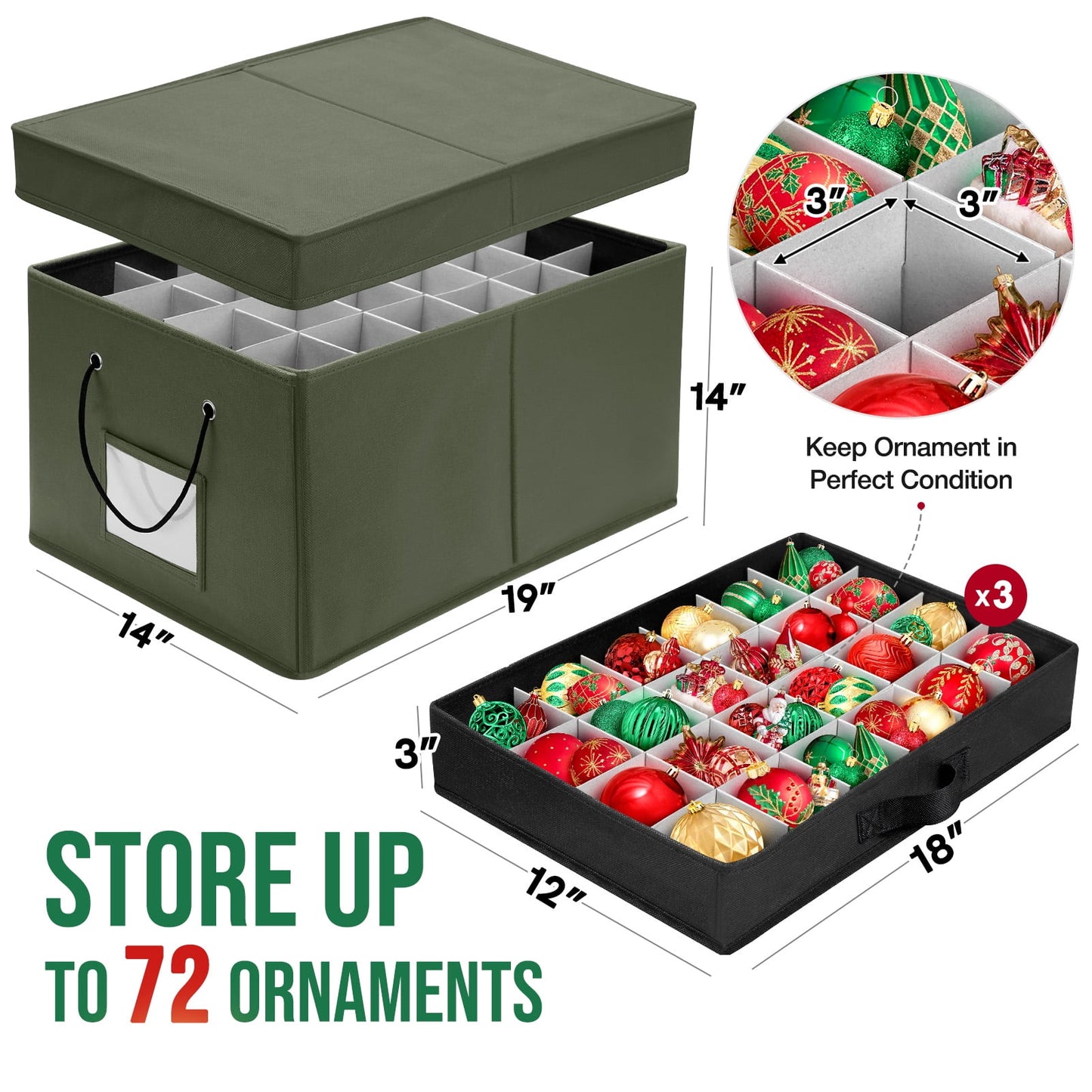 Ayieyill Premium Large Christmas Ornament Storage Box, Christmas Ornament Organizer, with Side Open, 3 Removable Trays - Keeps 72 Holiday Ornaments