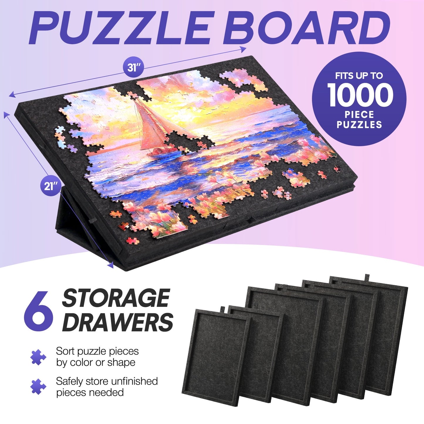Ayieyill 1000 Piece Rotating Puzzle Board with Drawers and Cover,21"x31"Portable Felt Jigsaw Puzzle Table for Adults Portable,Lazy Susan Spinning Puzzle Boards Birthday Gift for Mom