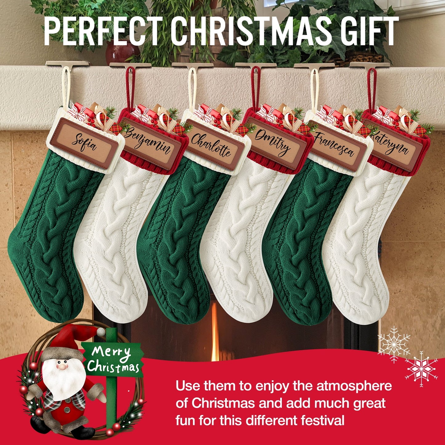 Ayieyill 6Pack Christmas Stockings, 17.7Inches Large Knitted Stocking Personalized Xmas Hanging Stocking Decorations with Name Leather Patches for Holiday Christmas Party Family Decor (Green Red)
