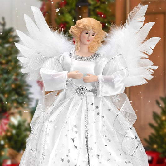Ayieyill  Angel Treetop, 9-Inch,Lighted Silver Angel with Wings Christmas Tree Topper