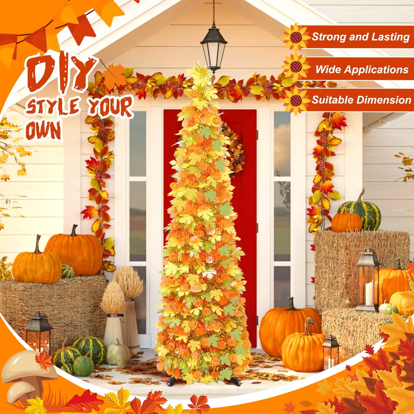 Ayieyill 5Ft Fall Tree Pop up Pencil Tree Collapsible Maple Tree for Indoor Outdoor Thanksgiving Decorations Autumn Harvest