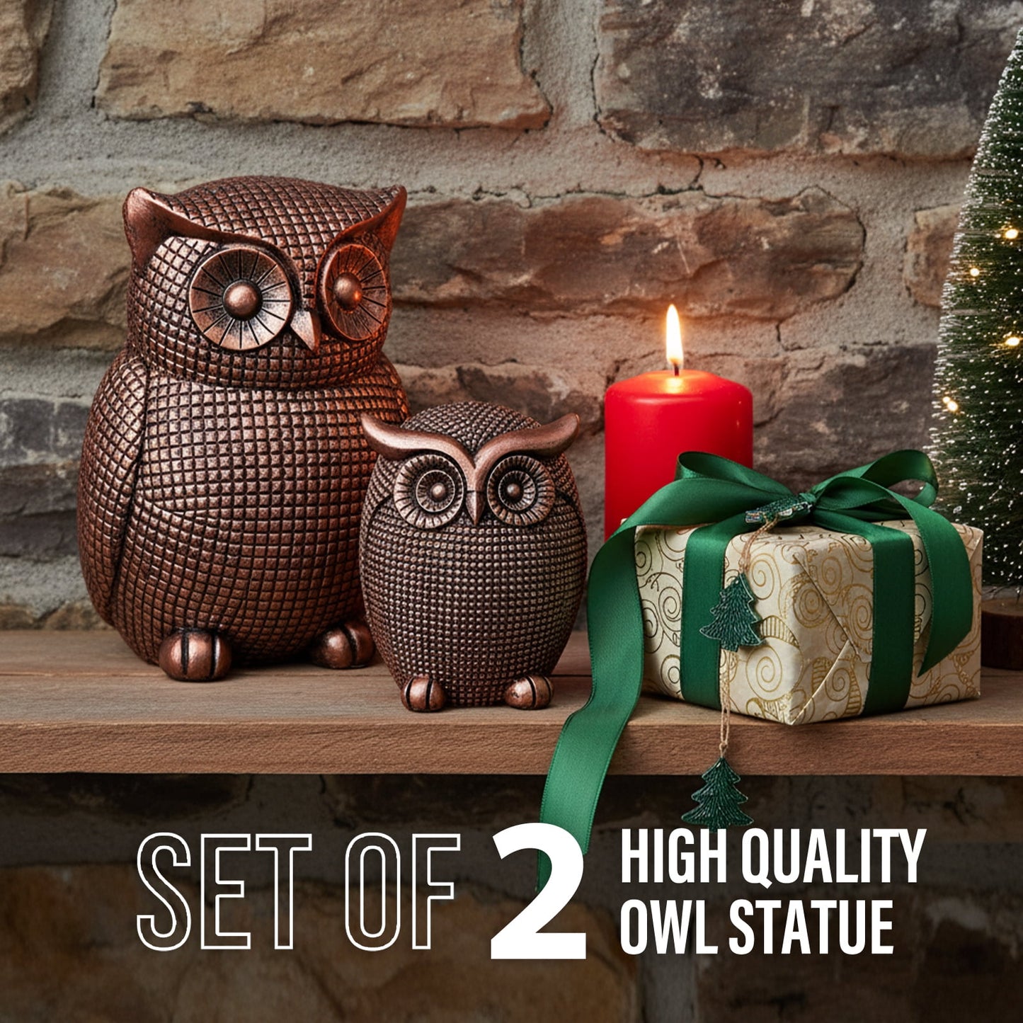 Ayieyill 2pcs Owl Figurines Christmas Tabletop Decorations Fireplace Decor Owl Statue for Book Shelf Decor