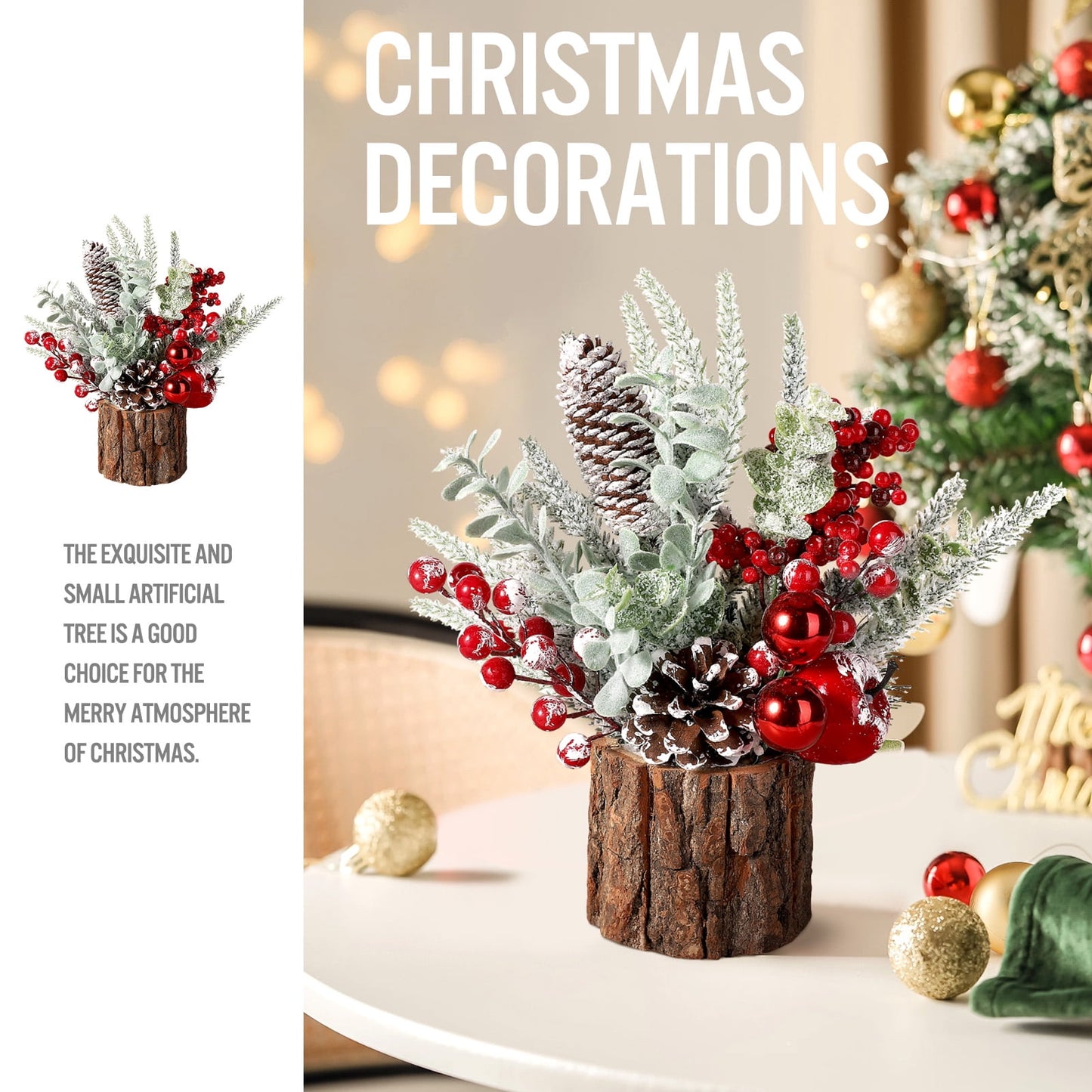Ayieyill Small Christmas Tree, Artificial Mini Tabletop Christmas Tree Decorations with Christmas Ornaments
