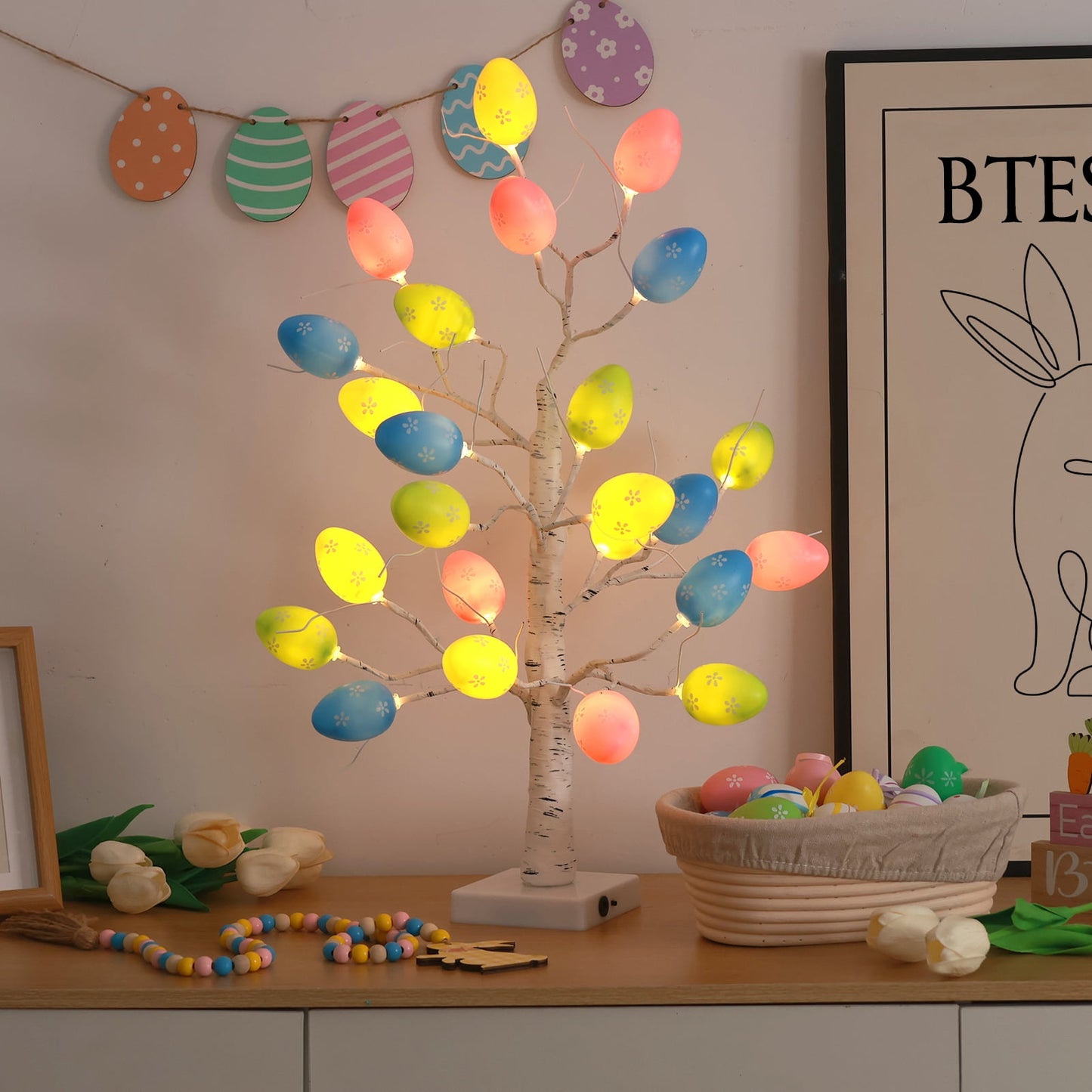 Ayieyill Lighted Easter Egg Tree Tabletop 21 inch Artificial Birch Tree Lights Include 24 Pieces Egg Ornament for Home Spring Easter Decorations
