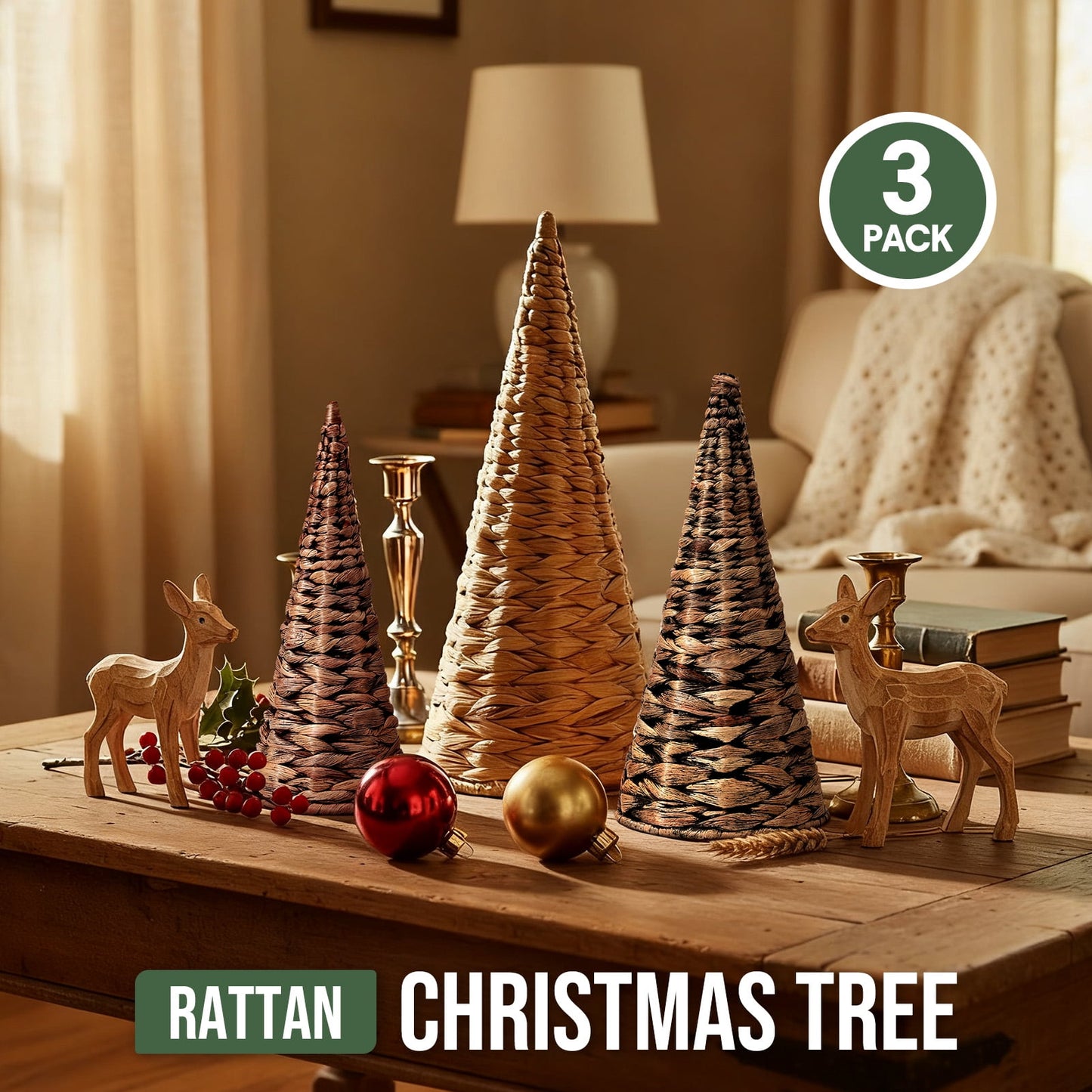 Ayieyill 3pcs Wicker Christmas Tree Tabletop Christmas Decor Farmhouse Christmas Decor Rustic Xmas Decorations, Natural