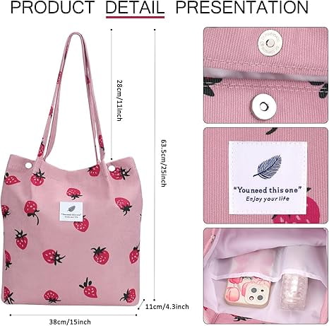 Ayieyill Corduroy Tote Bag Large for Women Girl Lady Canvas Shoulder Cord Purse and Handbags with Inner Pocket