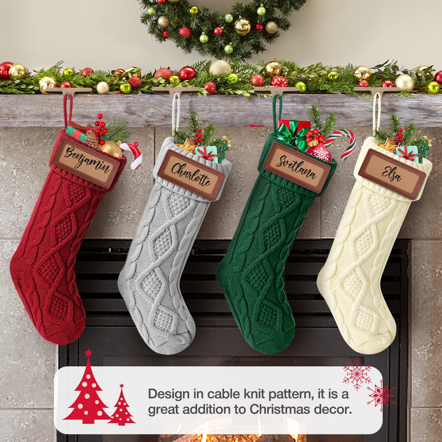 Ayieyill 6Pack Christmas Stockings, 17.7Inches Large Knitted Stocking Personalized Xmas Hanging Stocking Decorations with Name Leather Patches for Holiday Christmas Party Family Decor (Green Red)