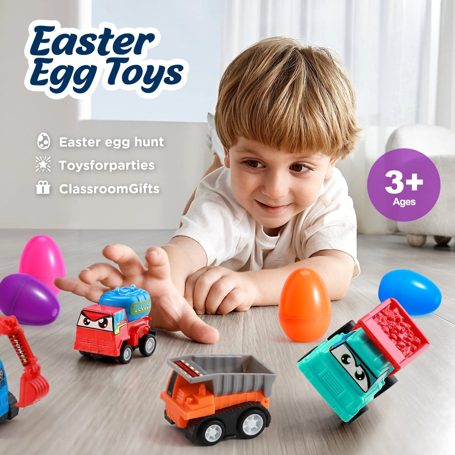 Ayieyill 12Pcs Prefilled Easter Eggs - Toy Filled Easter Eggs Filled with Pull-Back Construction Vehicles
