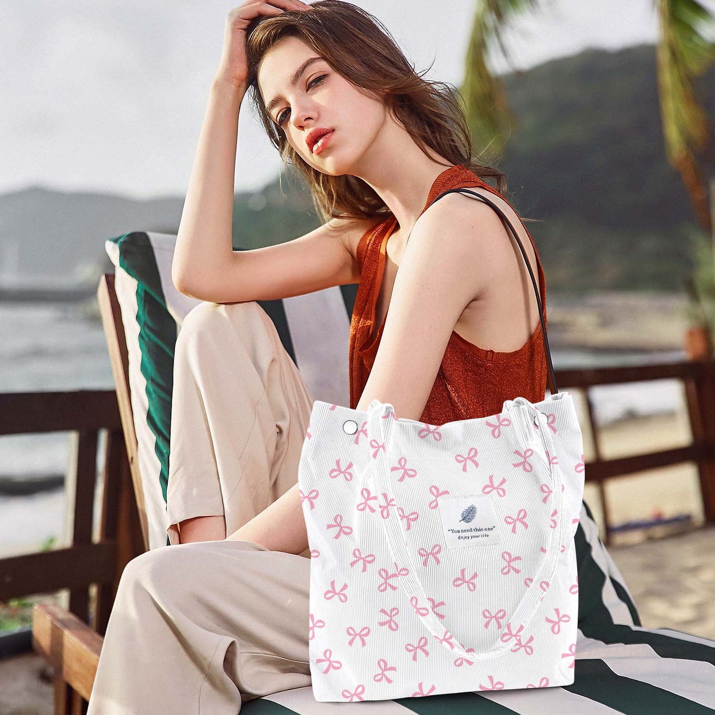 Ayieyill Corduroy Tote Bag Large for Women Girl Lady Canvas Shoulder Cord Purse and Handbags with Inner Pocket