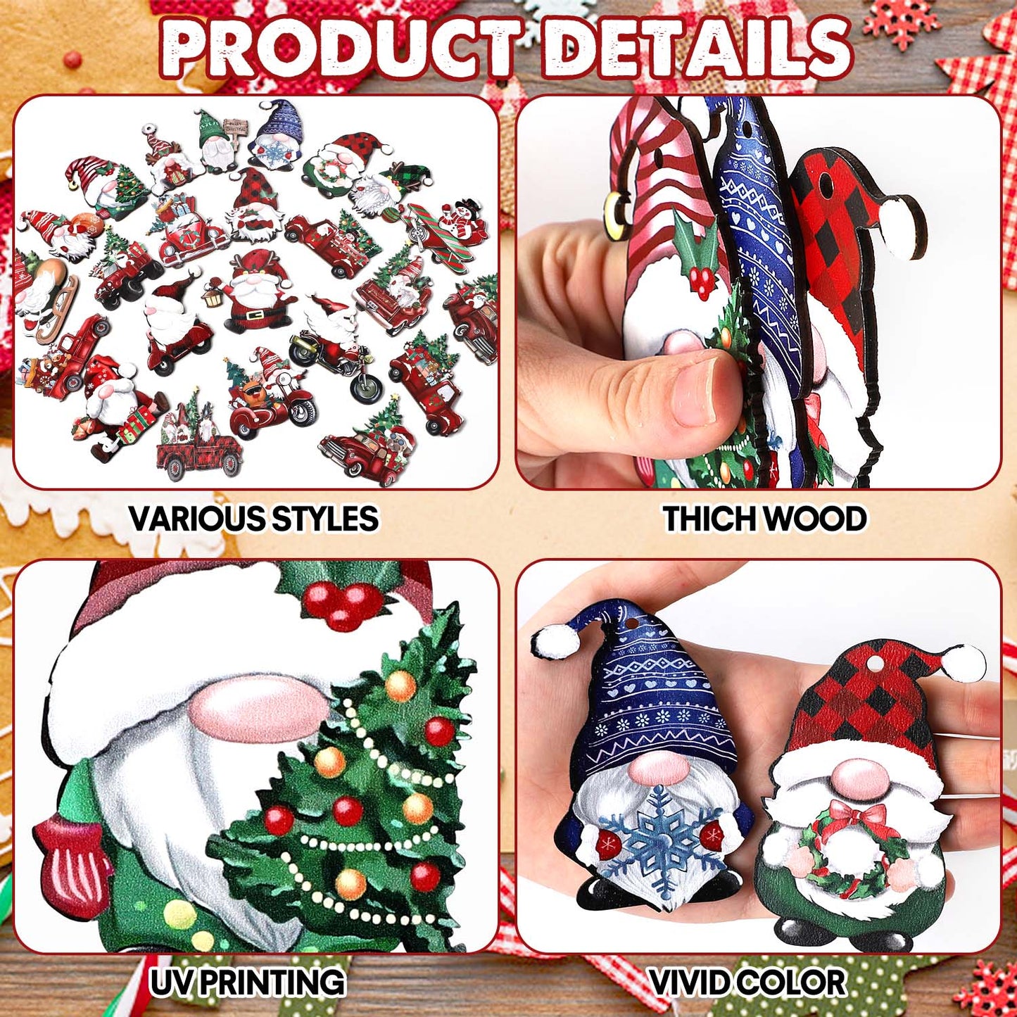 Ayieyill 24 Pieces Christmas Wooden Ornaments, Christmas Tree Ornaments Wood Hanging Decor