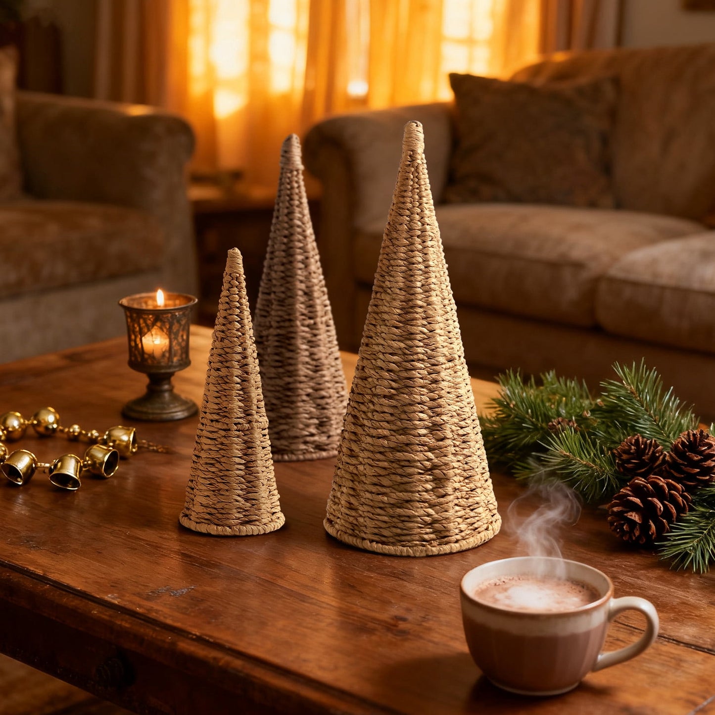 Ayieyill 3pcs Wicker Christmas Tree Tabletop Christmas Decor Farmhouse Christmas Decor Rustic Xmas Decorations, Natural