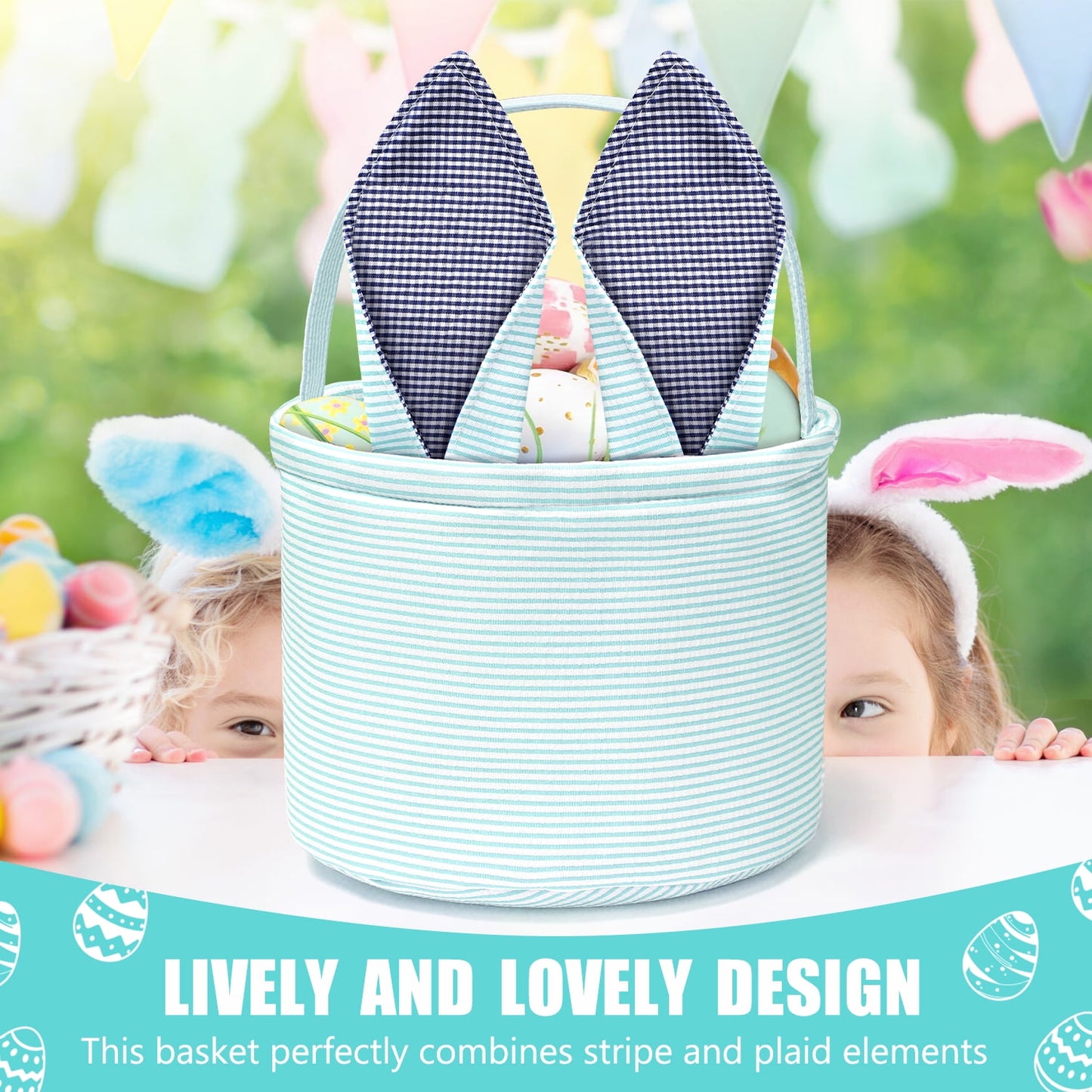 Ayieyill Easter Basket, Easter Bunny Baskets for Kids with Cute Rabbit Ears Stripe, Easter gift baskets