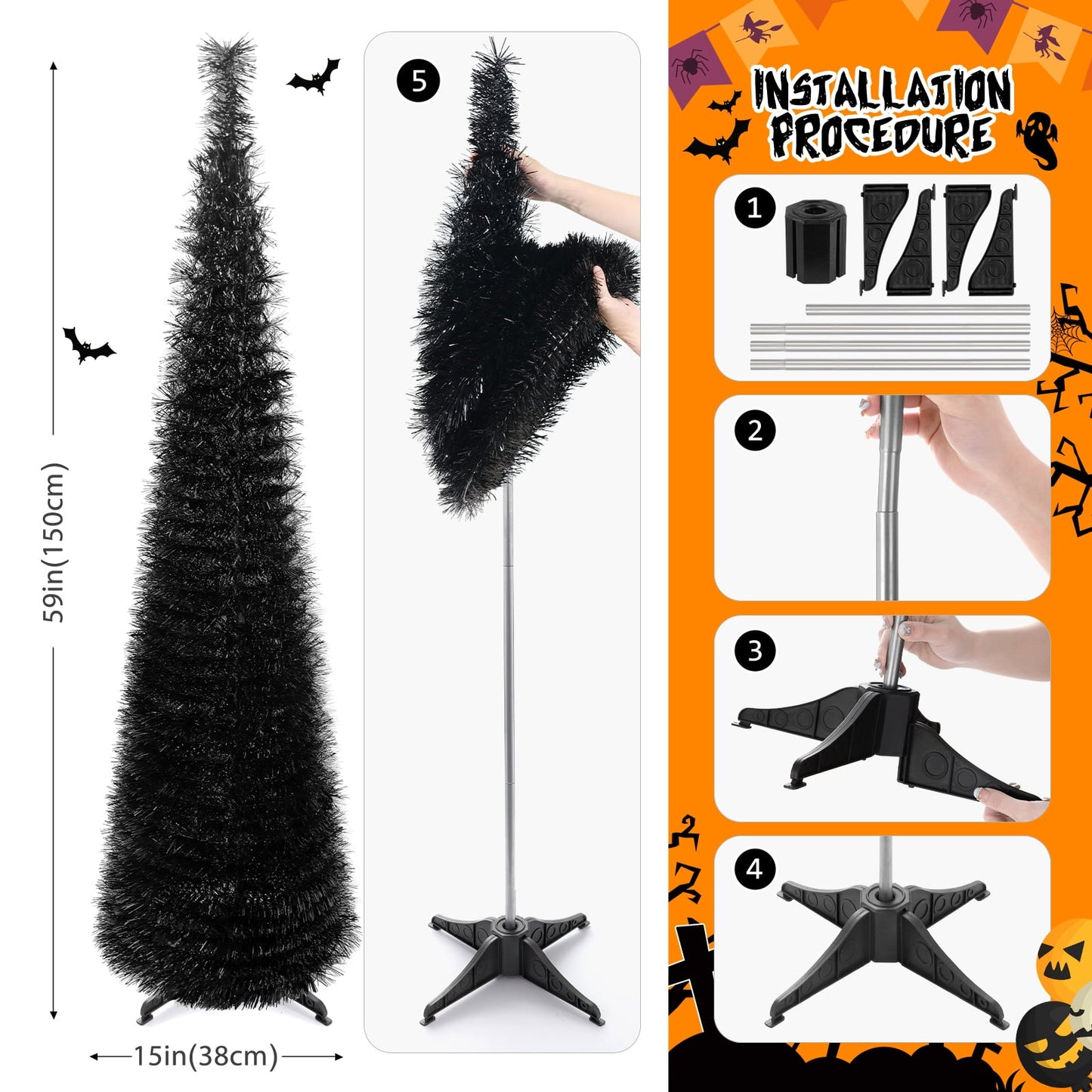 Ayieyill 5ft Halloween Tree Prelit, Pencil Pop up Tree with Light Halloween Decoration | Indoor