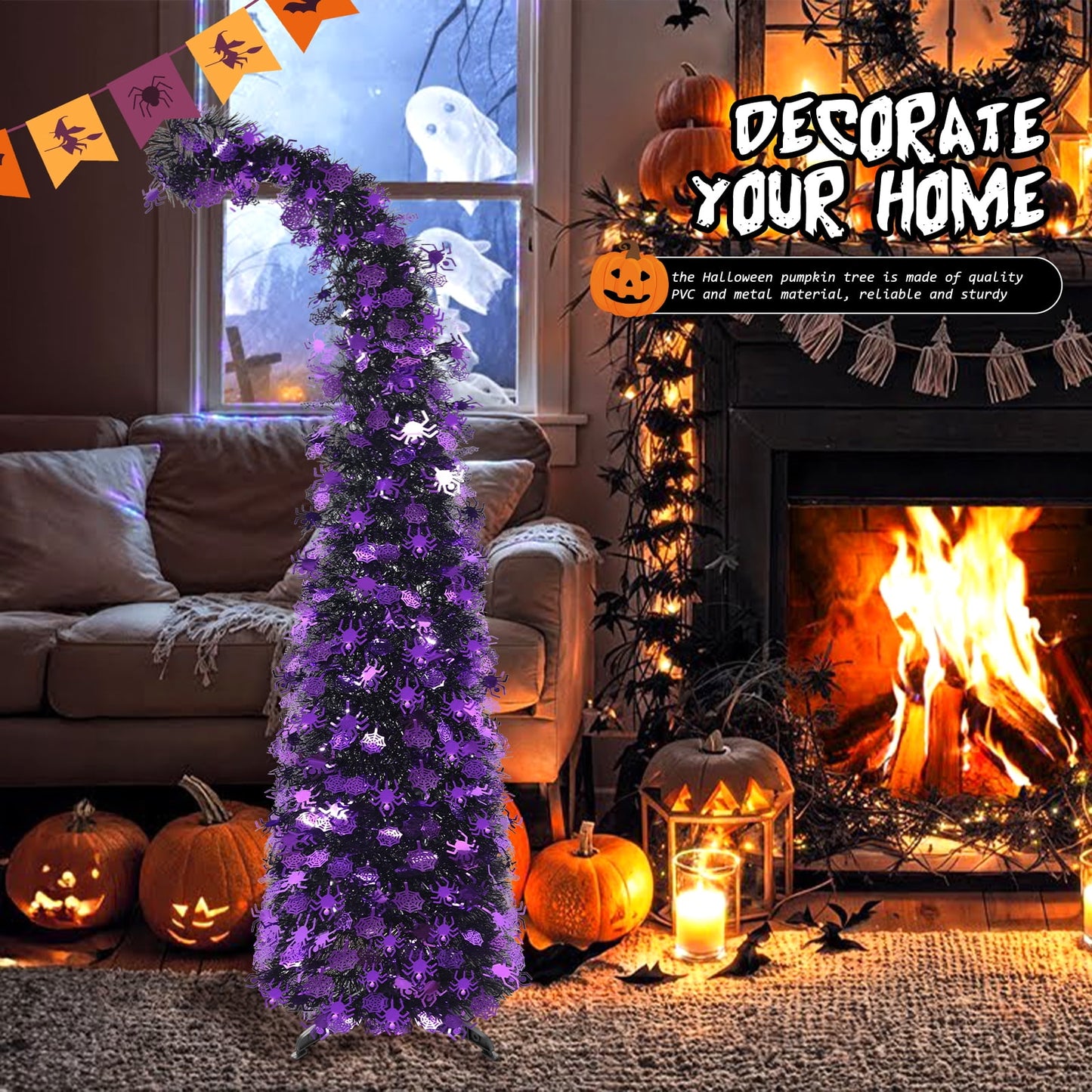 Ayieyill 5ft Halloween Tree Prelit, Pencil Pop up Tree with Light Halloween Decoration | Indoor