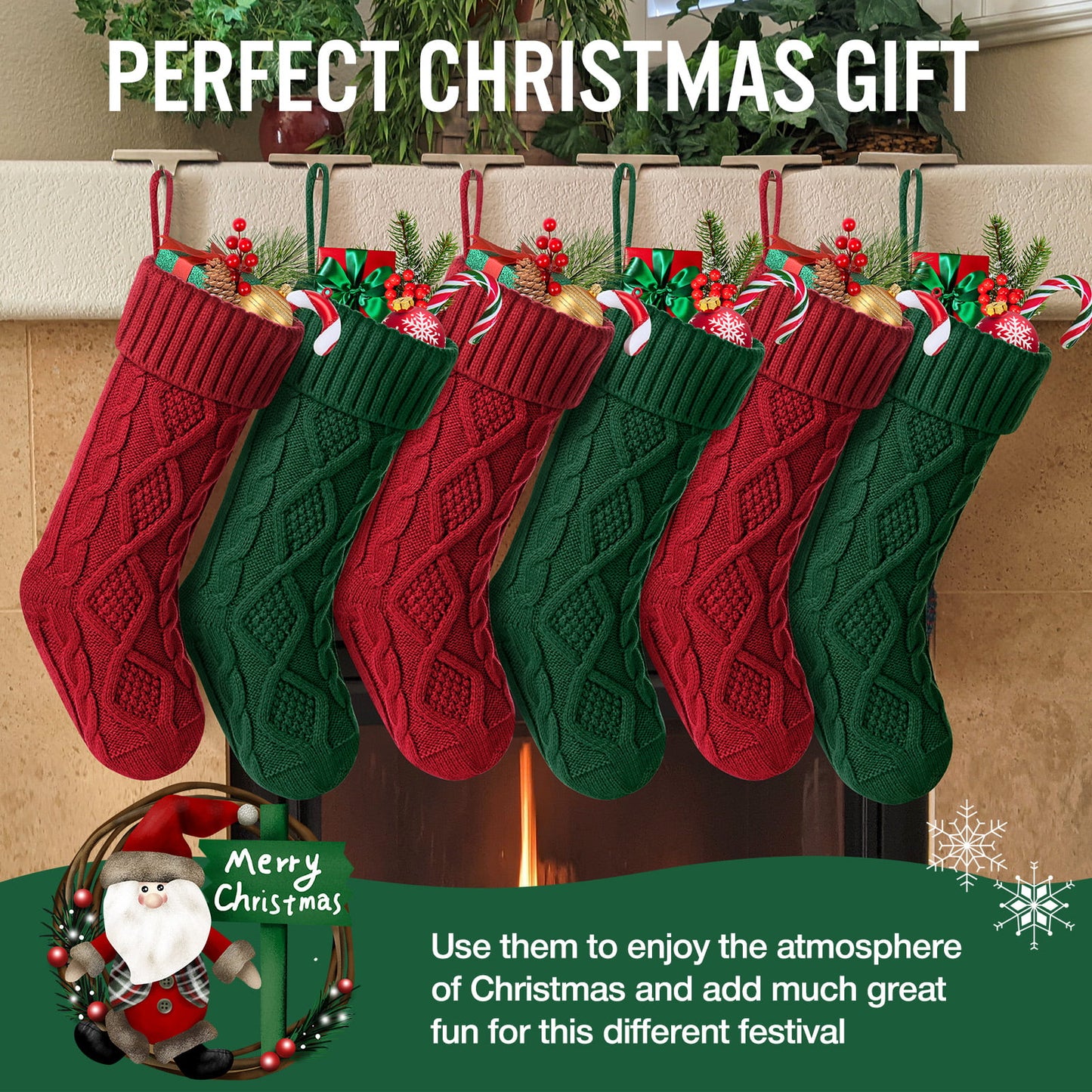 Ayieyill 6 Pcs Christmas Stockings Knitted Xmas Stockings Double-Sided 18 Inches Fireplace Stockings for Family Christmas Decorations