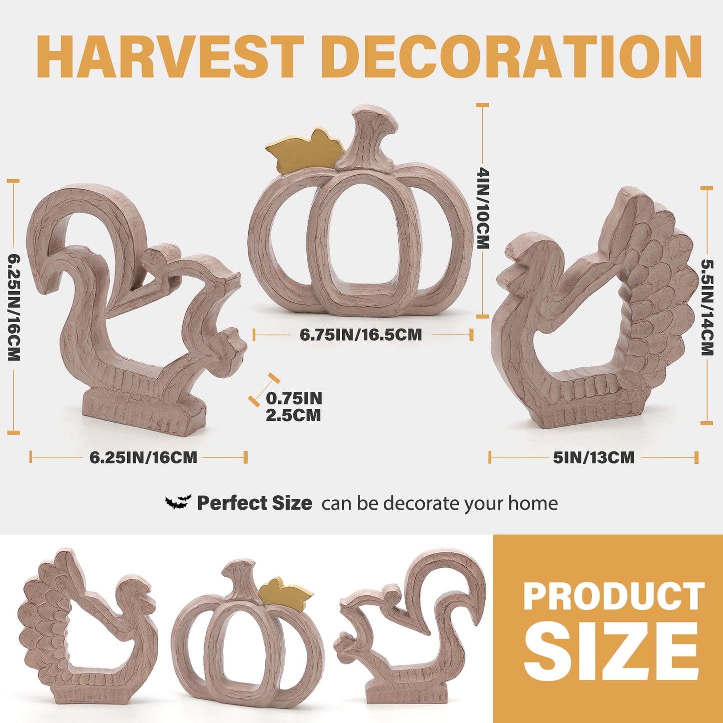 Ayieyill Fall Decorations for Home, Thanksgiving Decorations Pumpkin Decor Turkey Decor Resin, 3pcs Wood
