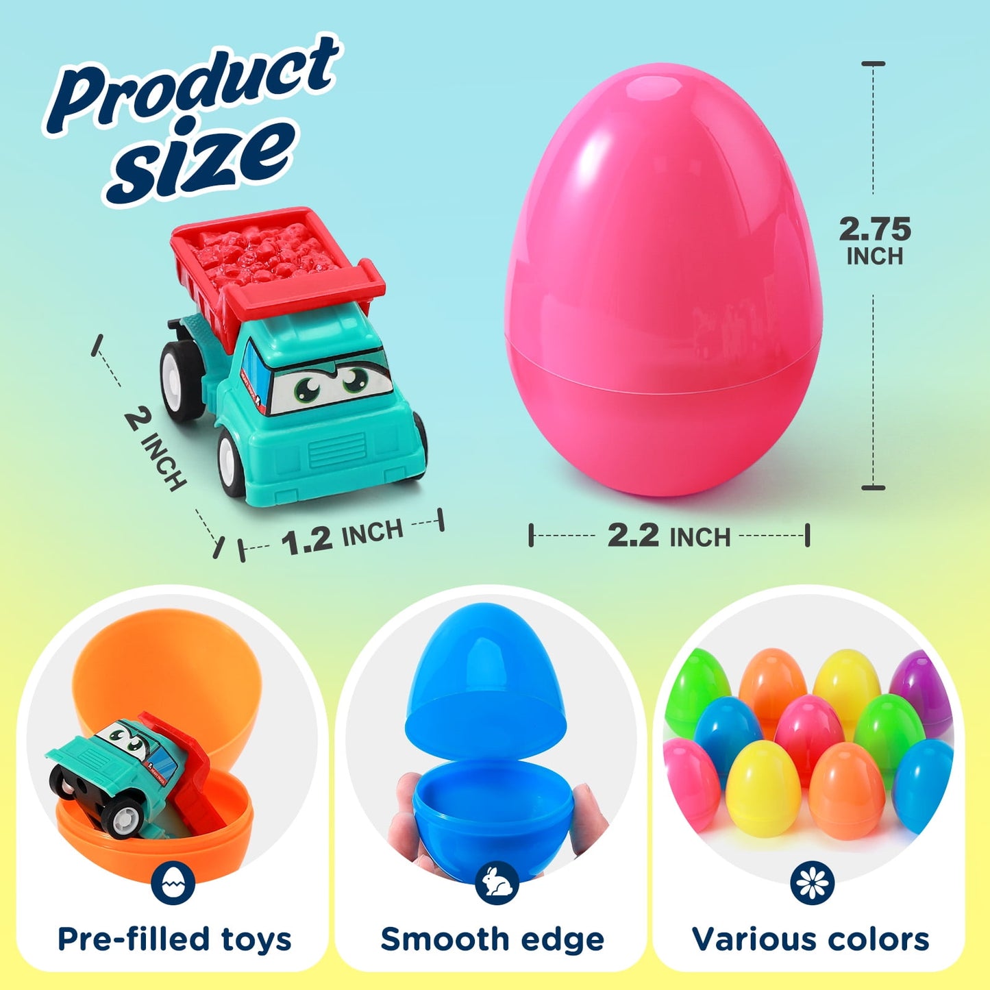 Ayieyill 12Pcs Prefilled Easter Eggs - Toy Filled Easter Eggs Filled with Pull-Back Construction Vehicles