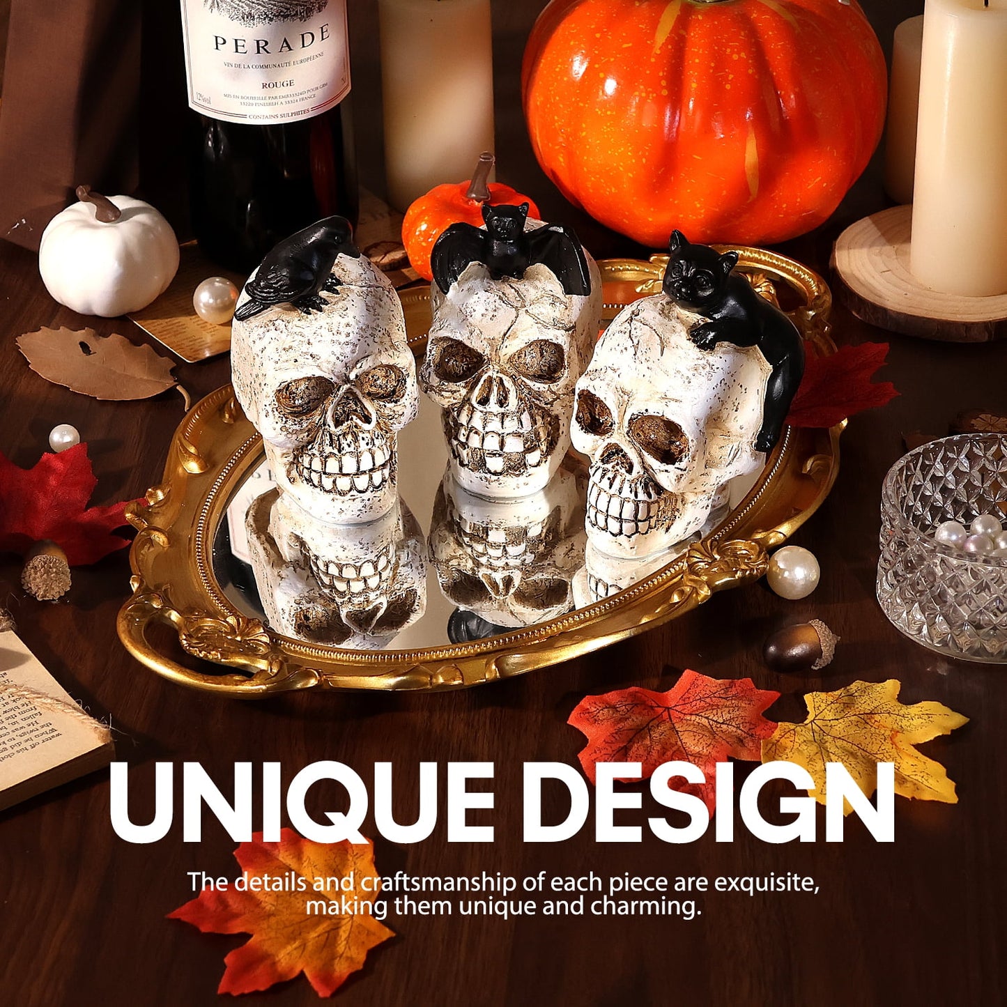 Ayieyill 3pcs Skull Halloween Decorations Indoor Skull Decor Halloween Figurines Cat Bat Raven Skulls Halloween Decor