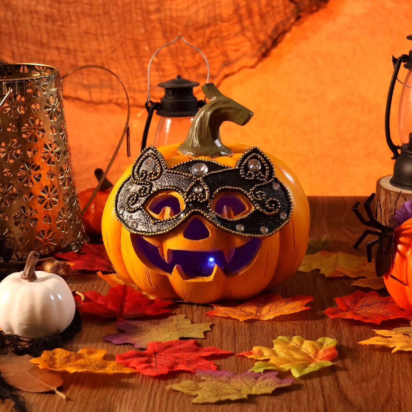 Ayieyill Halloween Pumpkin Decorations Light Up Pumpkin Figurine with Mask Halloween Decor for Home, Red