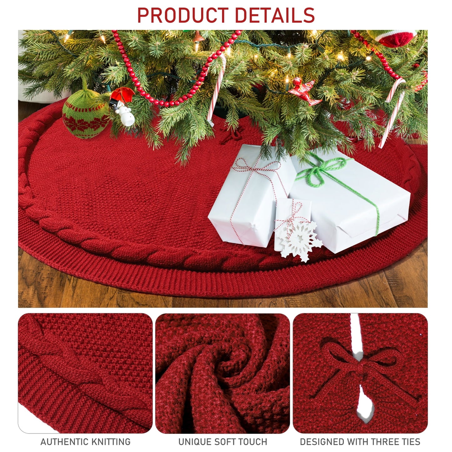 Ayieyill Christmas Tree Skirt, 48 inches White Tree Skirt Luxury Cable Knit Knitted Thick Rustic Xmas Tree Skirt Christmas Decoration, Cream