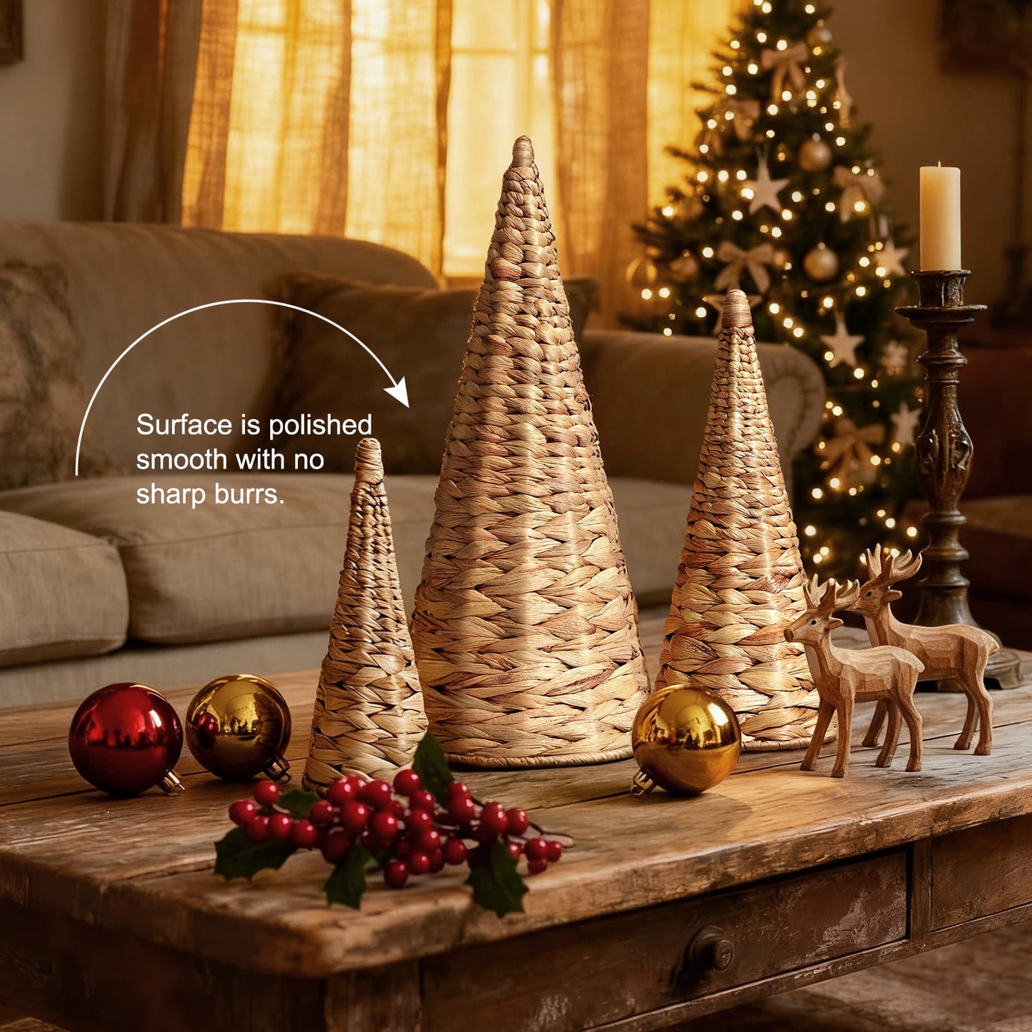 Ayieyill 3pcs Wicker Christmas Tree Tabletop Christmas Decor Farmhouse Christmas Decor Rustic Xmas Decorations, Natural