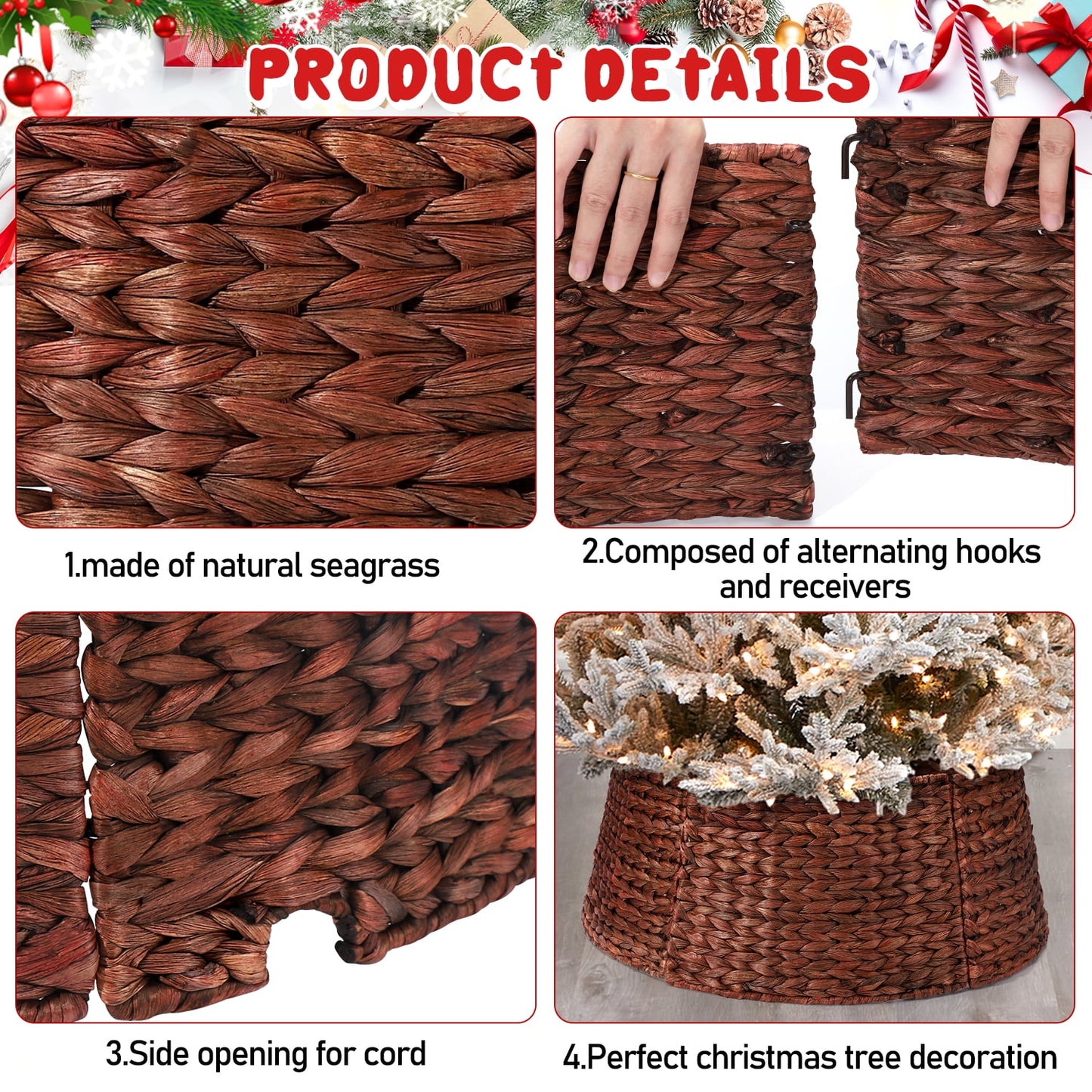 Ayieyill 26in Woven Hyacinth Christmas Tree Collar, Christmas Tree Decorations, Tree Skirt Accessory w/ Cord Cut-Out