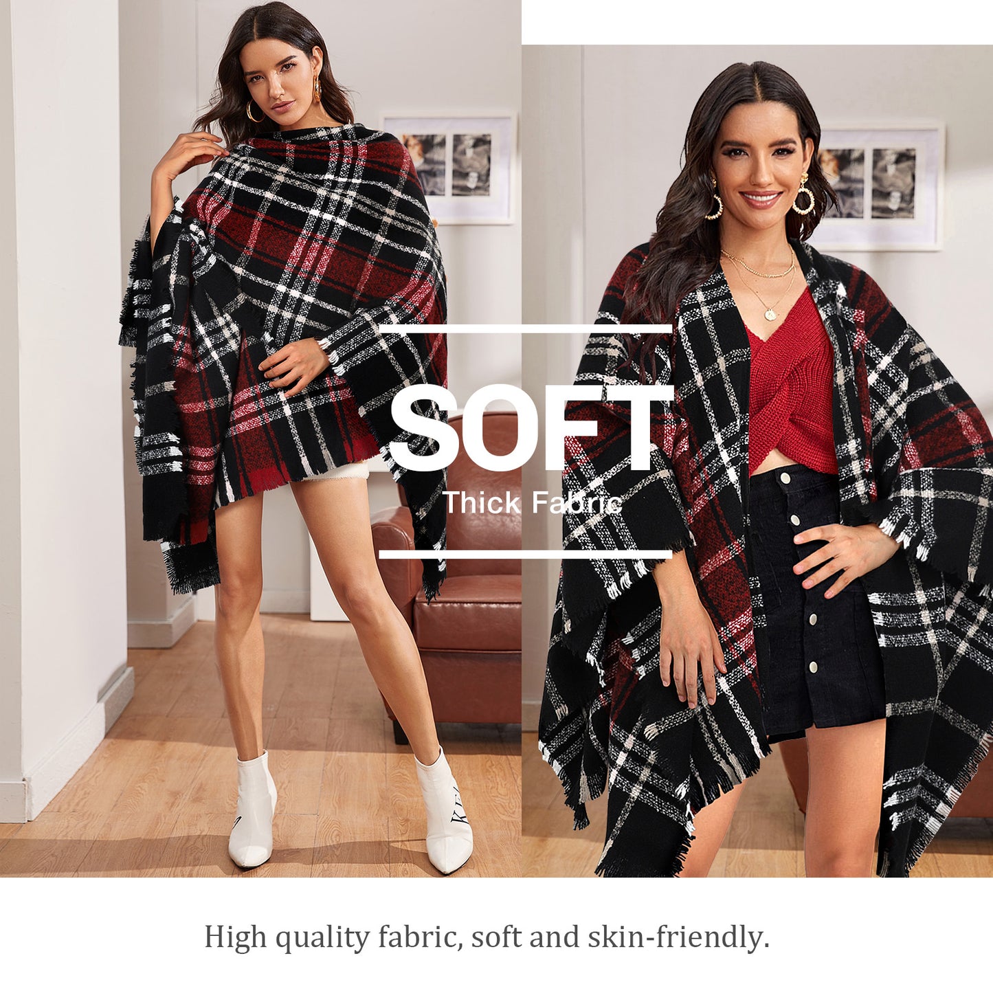 Ayieyill Shawl Wraps for Women Women's Poncho Open Front Boho Knitted Plaid Blanket Scarf Cape