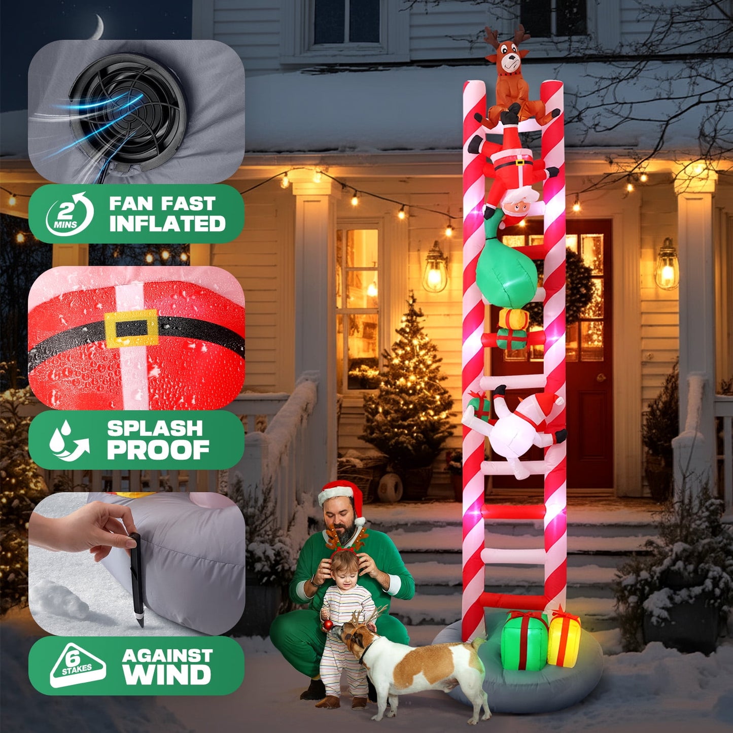 Ayieyill 10FT Christmas Inflatables Outdoor Decoration, Giant Ladder to Chimney Climbed with Reindeer Santa Snowman for Christmas Blow up Yard Decorations