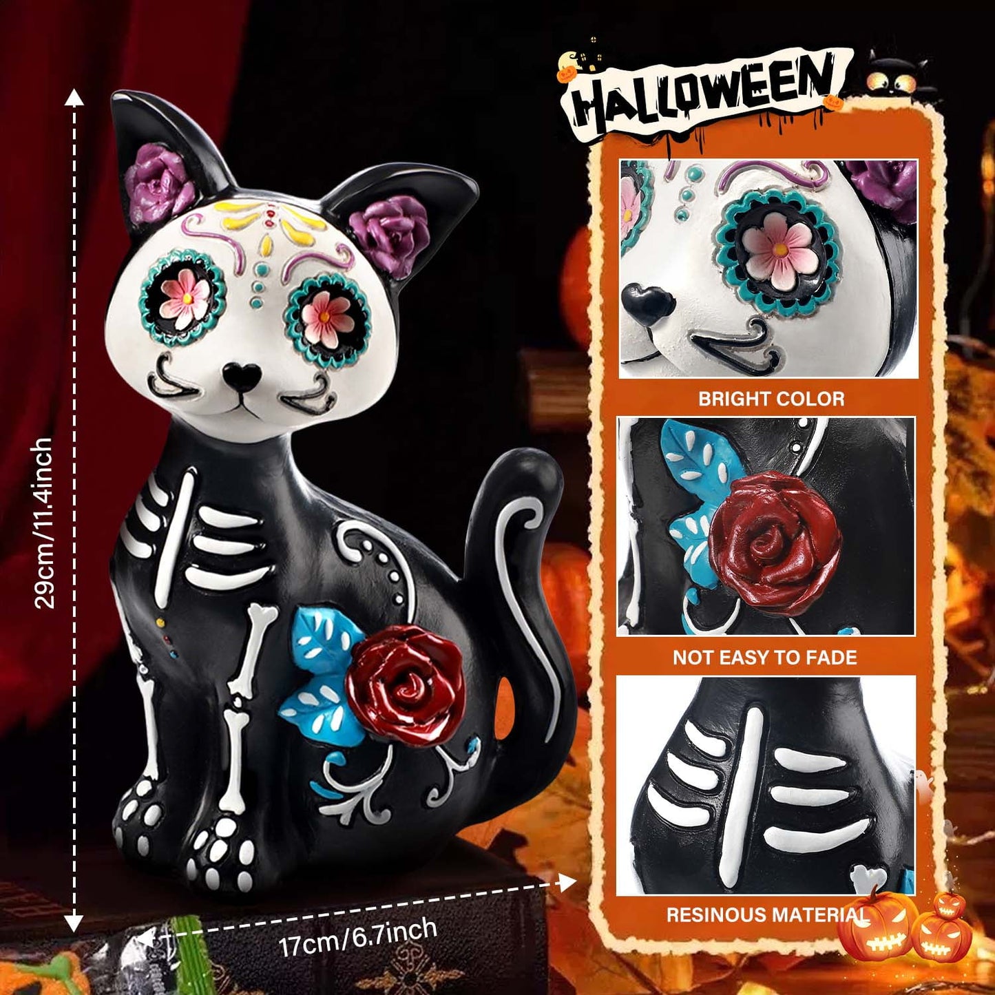 Ayieyill Day of the Dead Cat Figurine, Sugar Skull Halloween Decorations Indoor, Dia de los Muertos Decor
