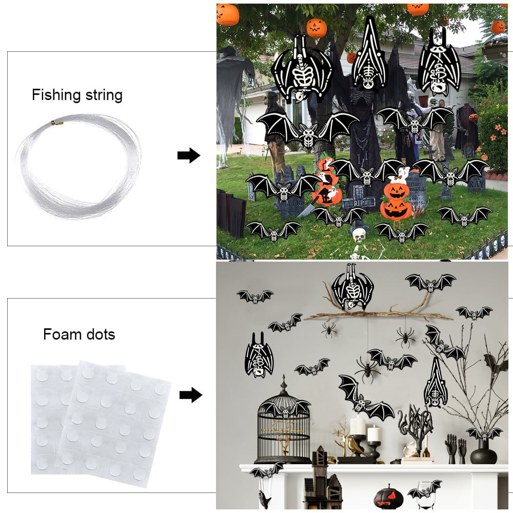 Ayieyill Halloween Hanging Bats Decorations Outdoor, 12pcs 3D Glowing Hanging Flying Bat for Hanging in The Tree, Porch, Yard, Lawn