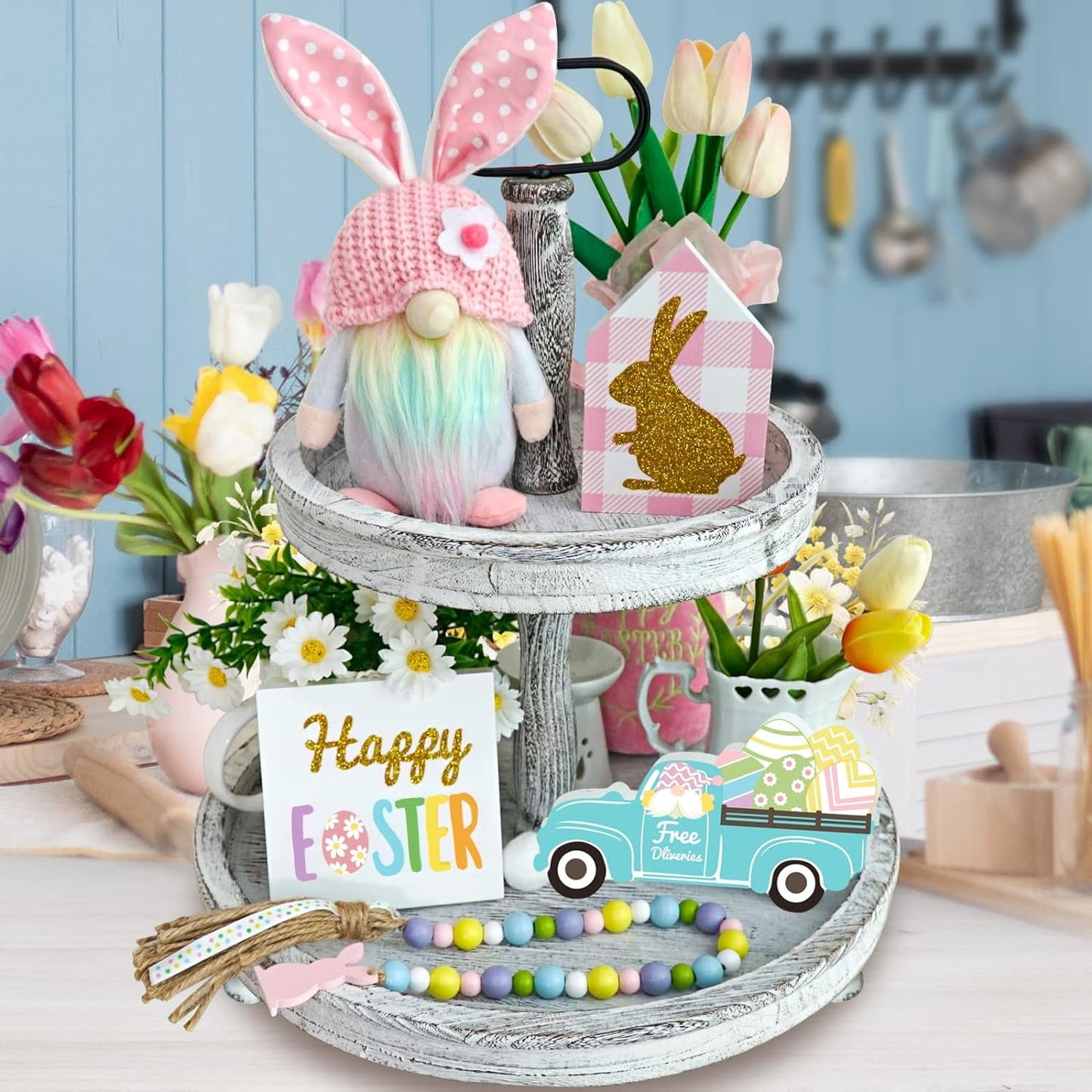 Ayieyill Easter Decorations, Pcs Easter Gnome Tiered Tray Decor, Glitter Easter Wood Signs,  Easter Bunny Gnome Plush