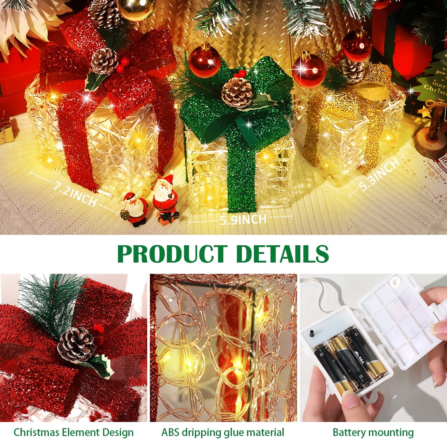 Ayieyill 3 Pcs  Christmas Lighted Gift Boxes, Light up Christmas Present Boxes, Christmas Decorations Indoor