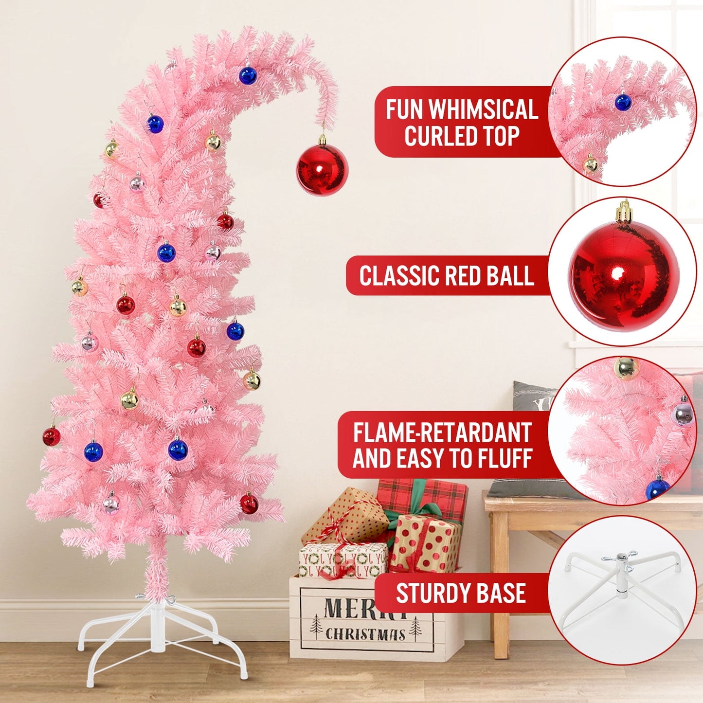 Ayieyill  Artificial Christmas Tree, Whimsical Christmas Tree with Metal Stand & Ball Ornaments