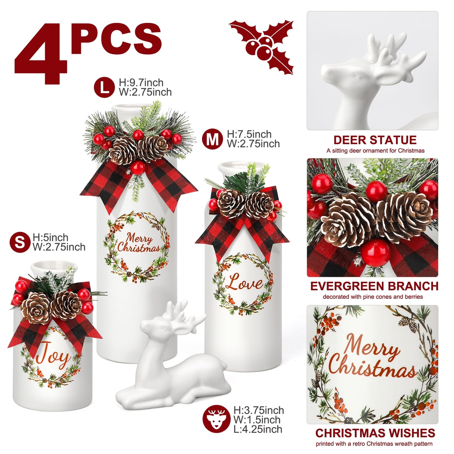 Ayieyill 4 Pcs Ceramic White Christmas Vase, Reindeer Christmas Decorations Indoor