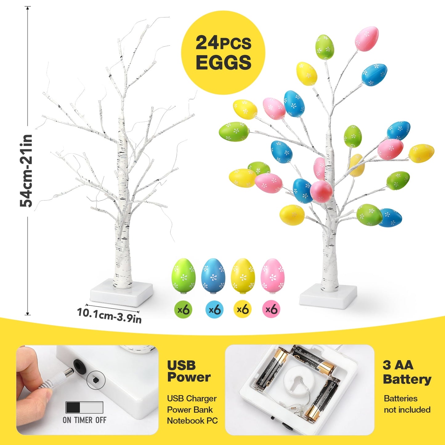 Ayieyill Lighted Easter Egg Tree Tabletop 21 inch Artificial Birch Tree Lights Include 24 Pieces Egg Ornament for Home Spring Easter Decorations