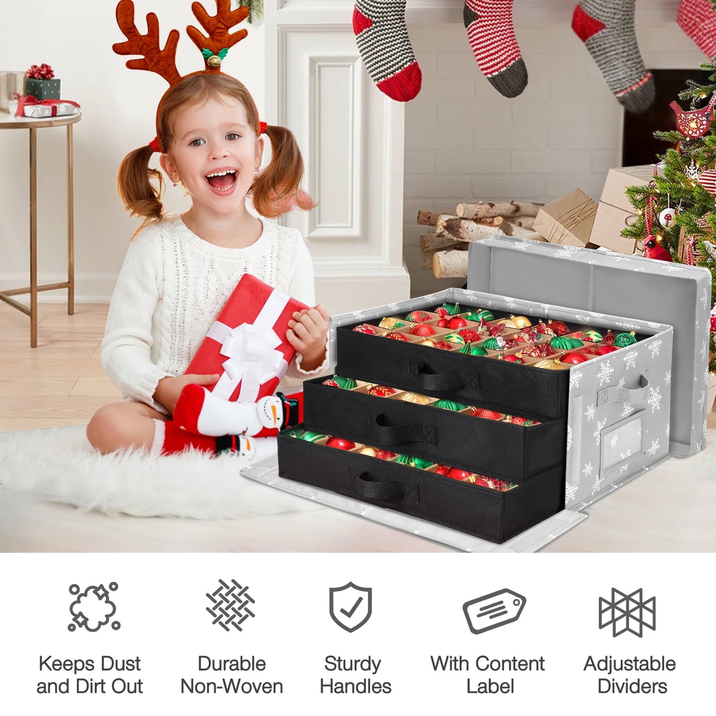Ayieyill Premium Large Christmas Ornament Storage Box, Christmas Ornament Organizer, with Side Open, 3 Removable Trays - Keeps 72 Holiday Ornaments