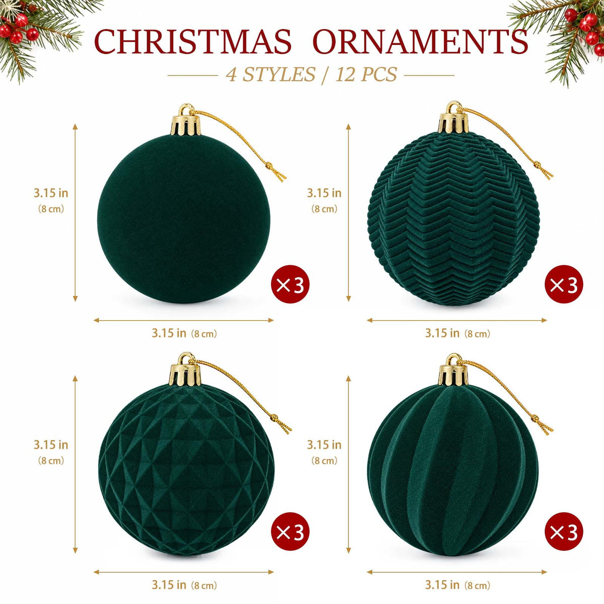 Ayieyill 12 Pack Christmas Ball Ornaments, Flocked Christmas Tree Ornaments, Christmas Hanging Ornaments for Christmas Decorations Indoor