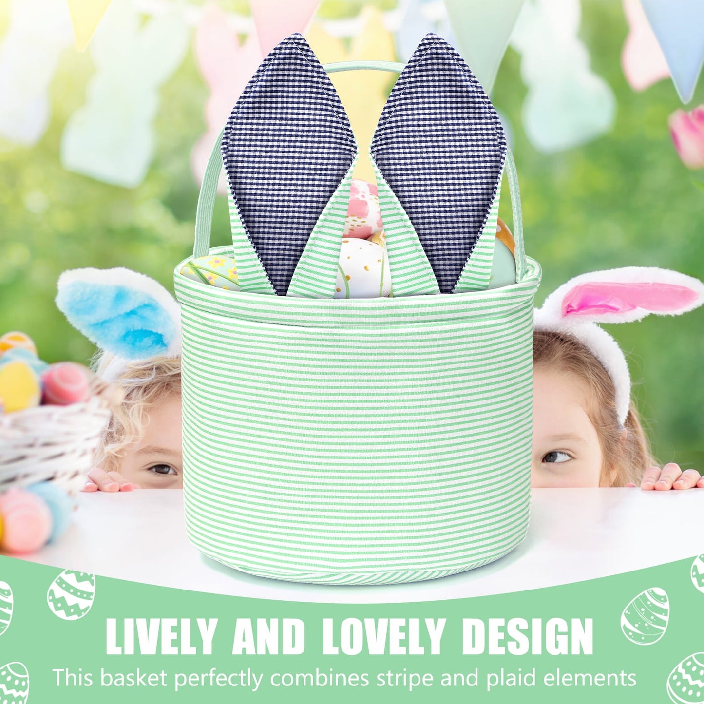 Ayieyill Easter Basket, Easter Bunny Baskets for Kids with Cute Rabbit Ears Stripe, Easter gift baskets
