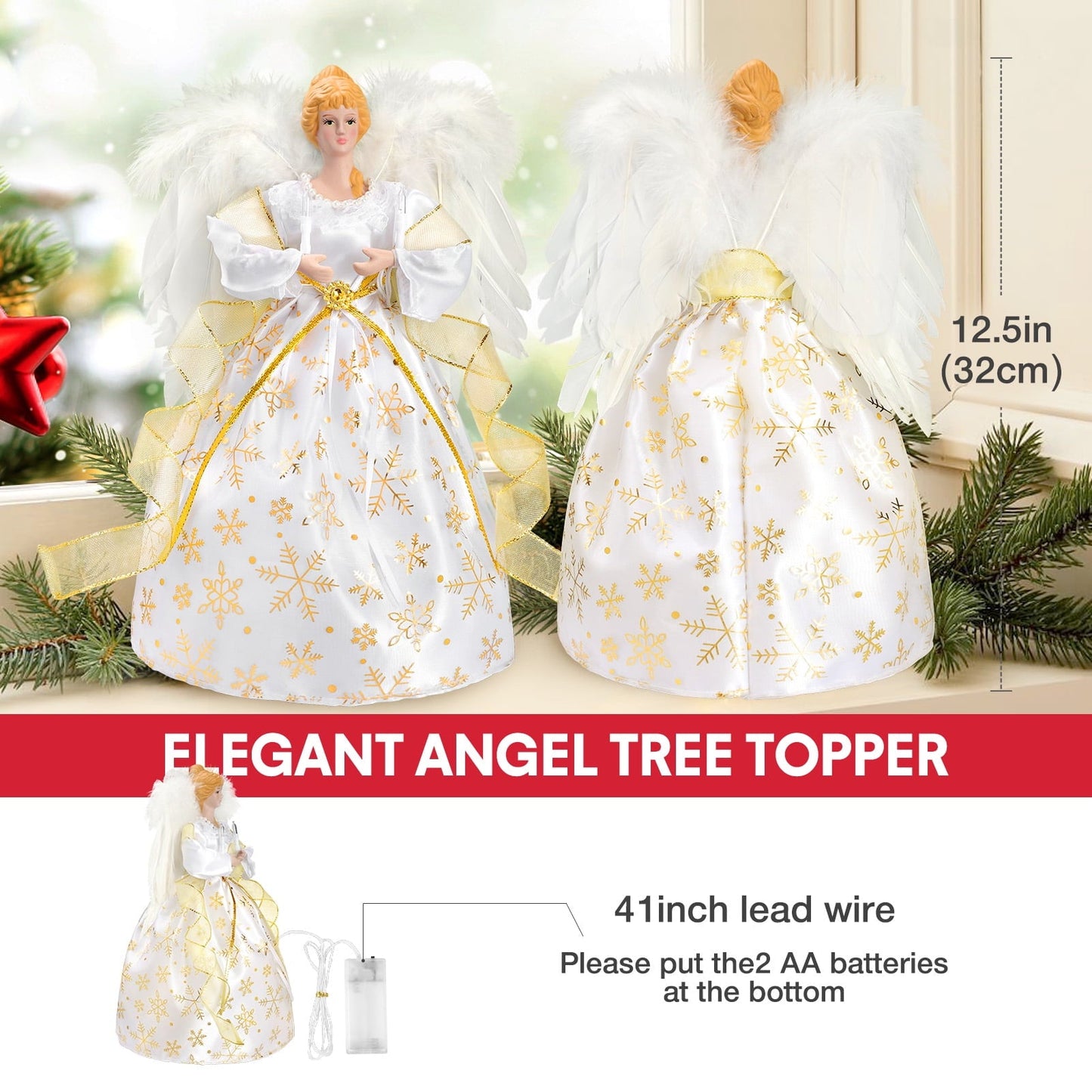 Ayieyill  Angel Treetop, 9-Inch,Lighted Silver Angel with Wings Christmas Tree Topper