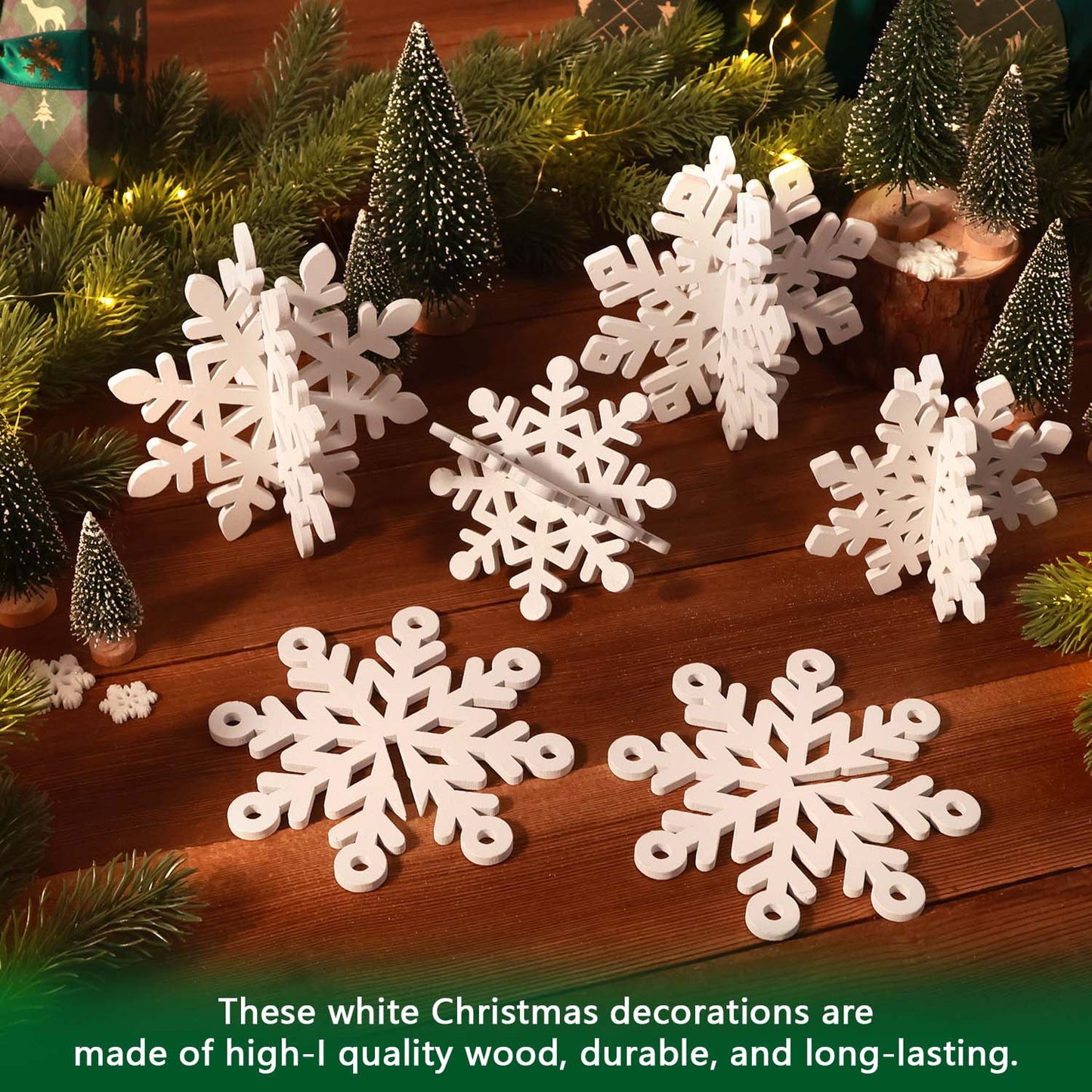 Ayieyill 7 Pcs Snowflake Decorations Indoor Tabletop with Lights, 3D Snowflake Ornaments for Christmas Tabletop Decor (Wooden, White)