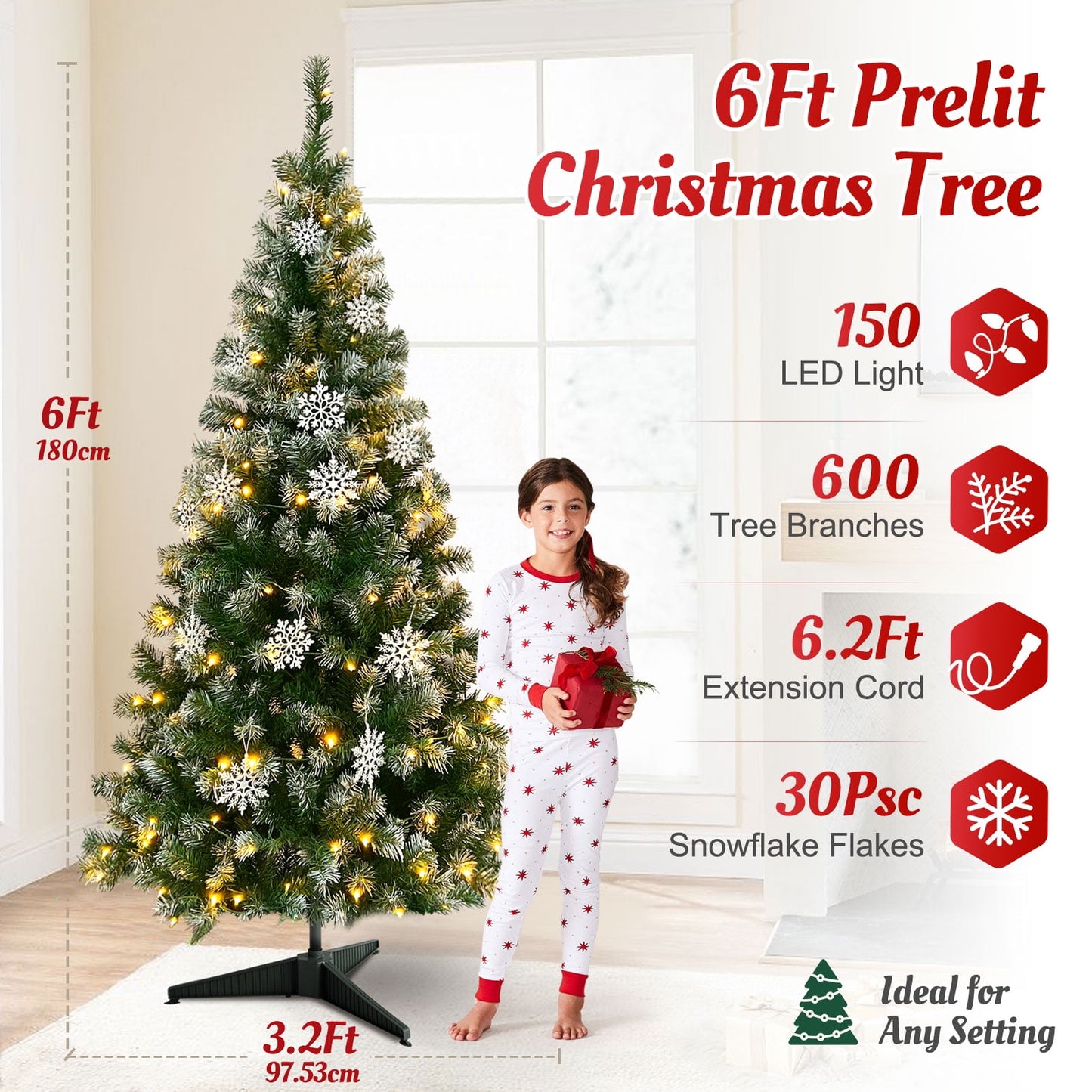 Ayieyill 7.5 ft Pre-Lit Artificial Christmas Tree with 1000 Snow Sprayed Tips 300 LED Lights 36 Snowflakes Ornaments