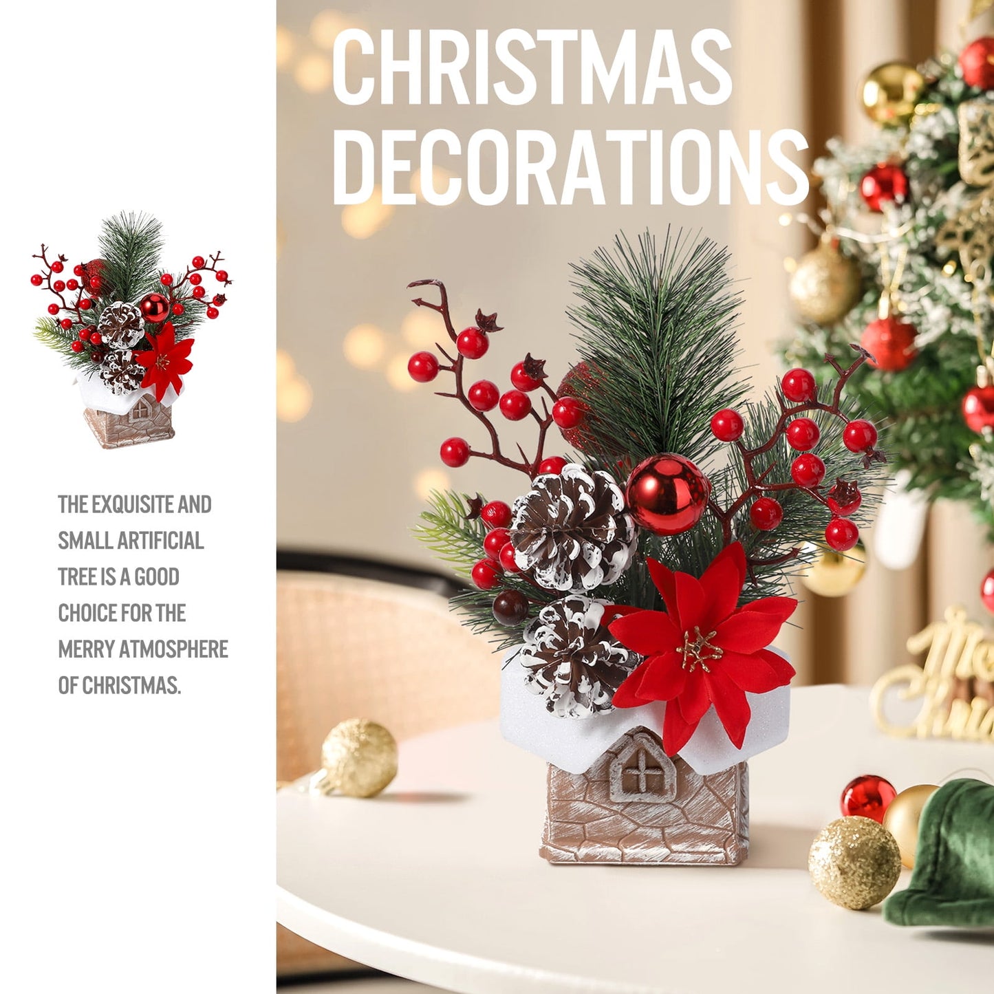 Ayieyill Small Christmas Tree, Artificial Mini Tabletop Christmas Tree Decorations with Christmas Ornaments