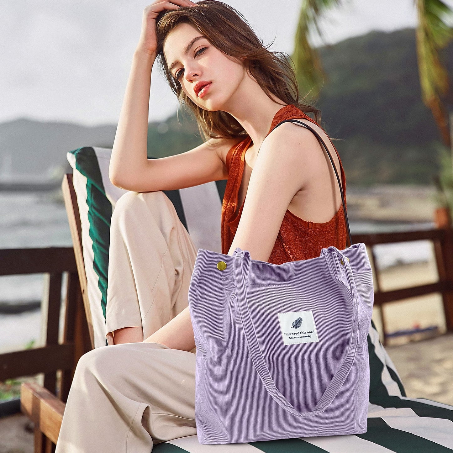 Ayieyill Corduroy Tote Bag Large for Women Girl Lady Canvas Shoulder Cord Purse and Handbags with Inner Pocket