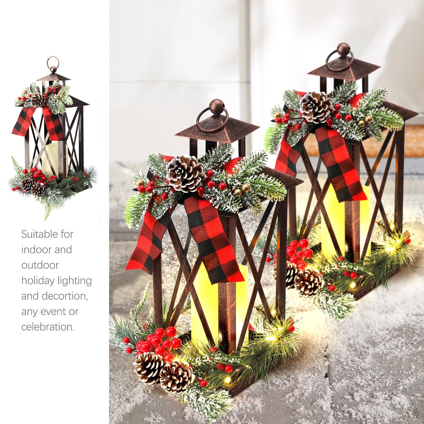 Ayieyill 15" Tall Christmas Lanterns Indoor Outdoor with LED and Ribbon, Hanging Christmas Decortions Candle Lanterns | Bronze