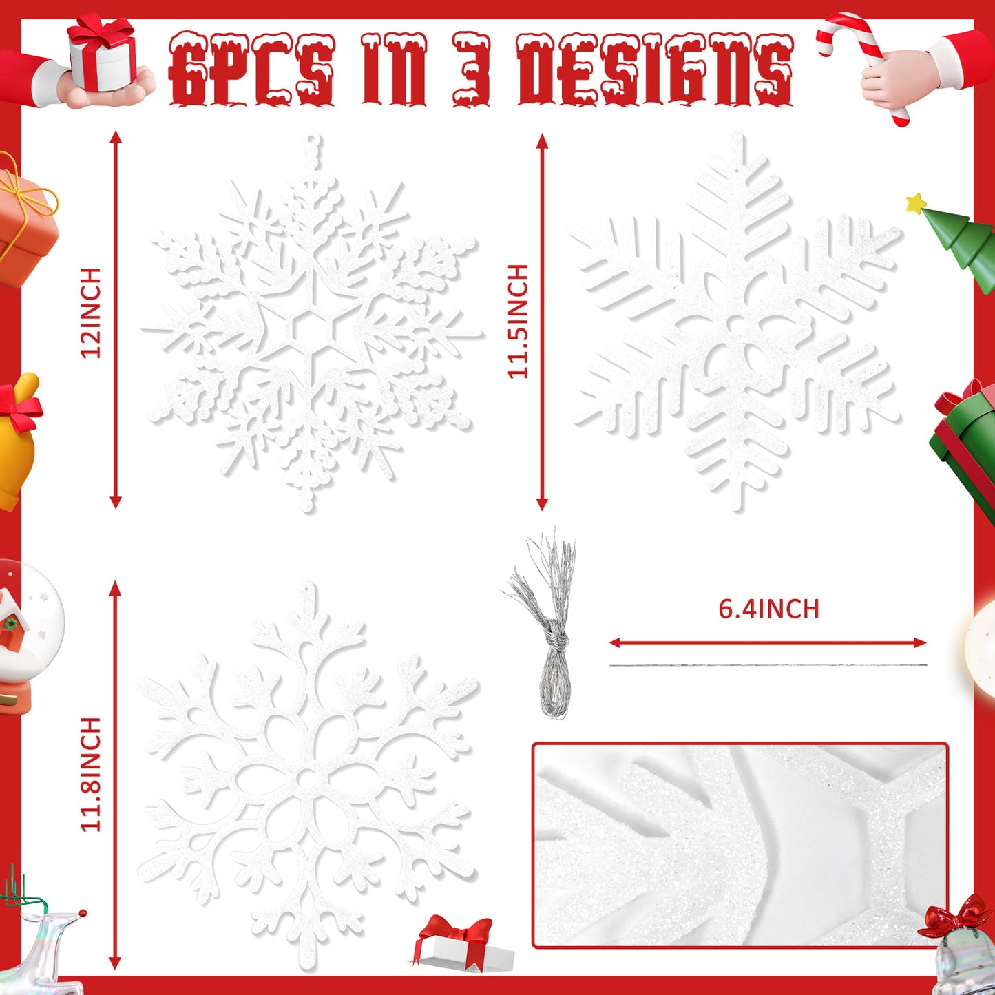 Ayieyill 6pcs Large White Snowflakes Decorations, 12” Big Plastic Glitter Snowflake for Winter Indoor Outdoor Christmas Tree Decorations Giant Craft Snowflakes
