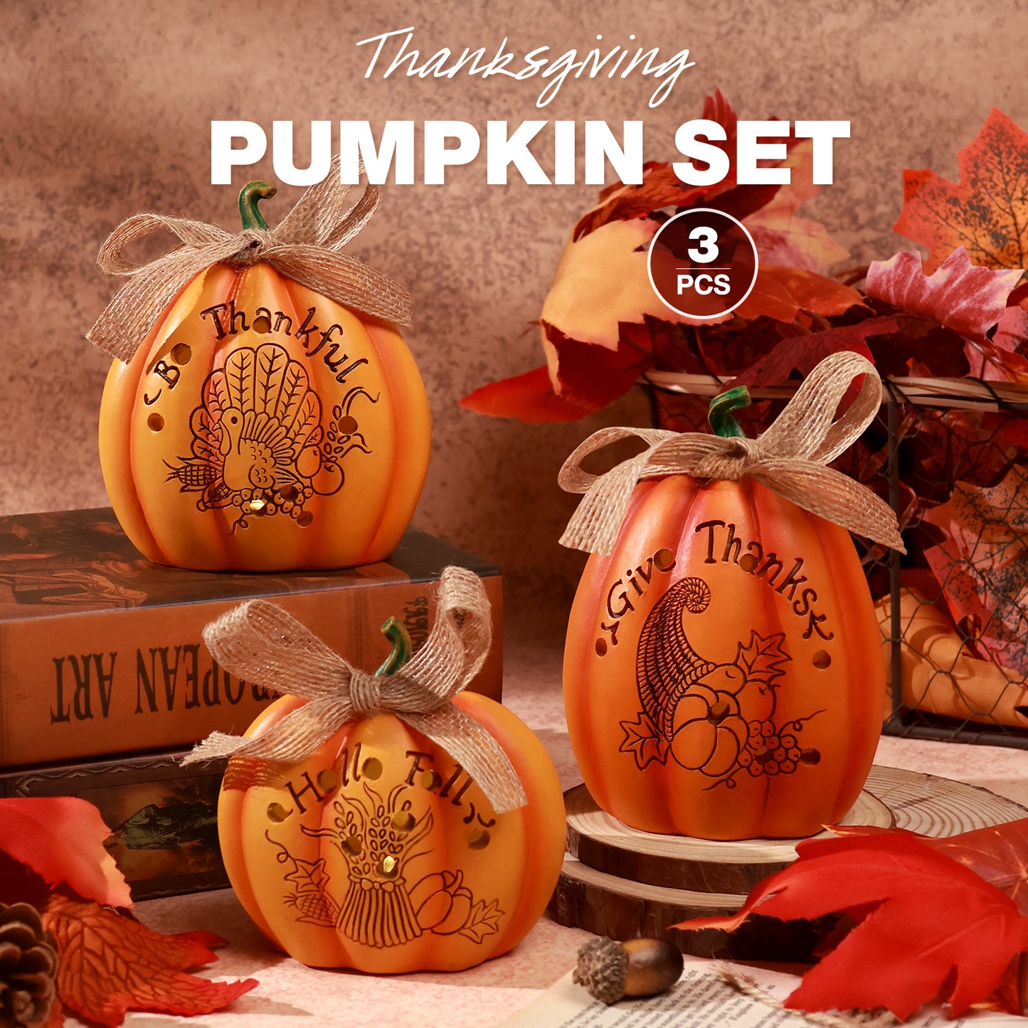 Ayieyill 3 Pcs Thanksgiving Pumpkin Set Fall Decor Resin, Fall Pumpkin Centerpiece for Thanksgiving Decorations
