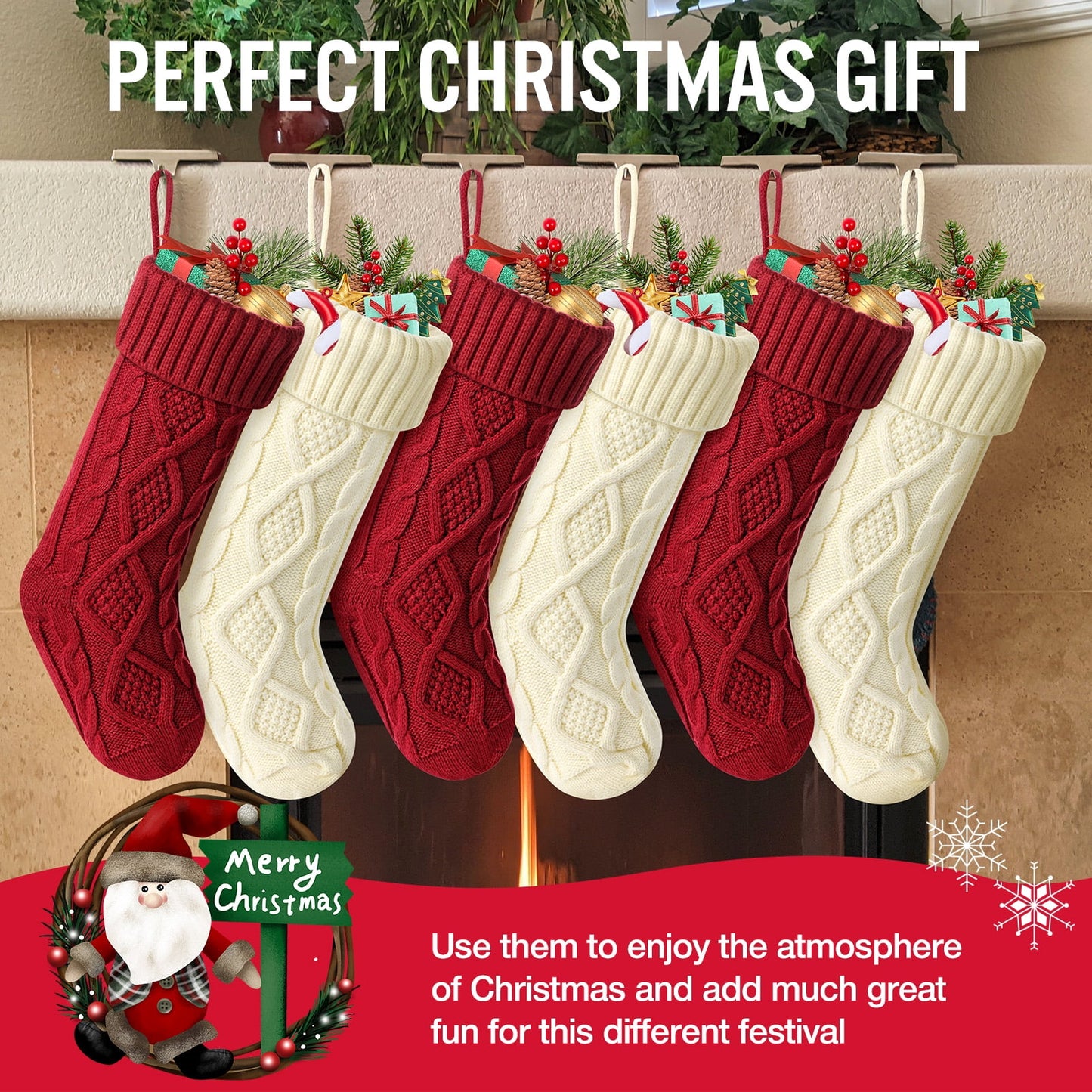 Ayieyill 6 Pcs Christmas Stockings Knitted Xmas Stockings Double-Sided 18 Inches Fireplace Stockings for Family Christmas Decorations