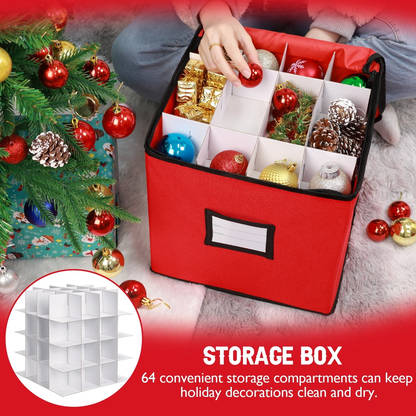 Ayieyill Premium Red Christmas Ornament Storage Chest, Ornament Storage Box Ornament Organizer Holds 64 Balls w/ Dividers , (L) 12''x (W) 12''x (H) 12''