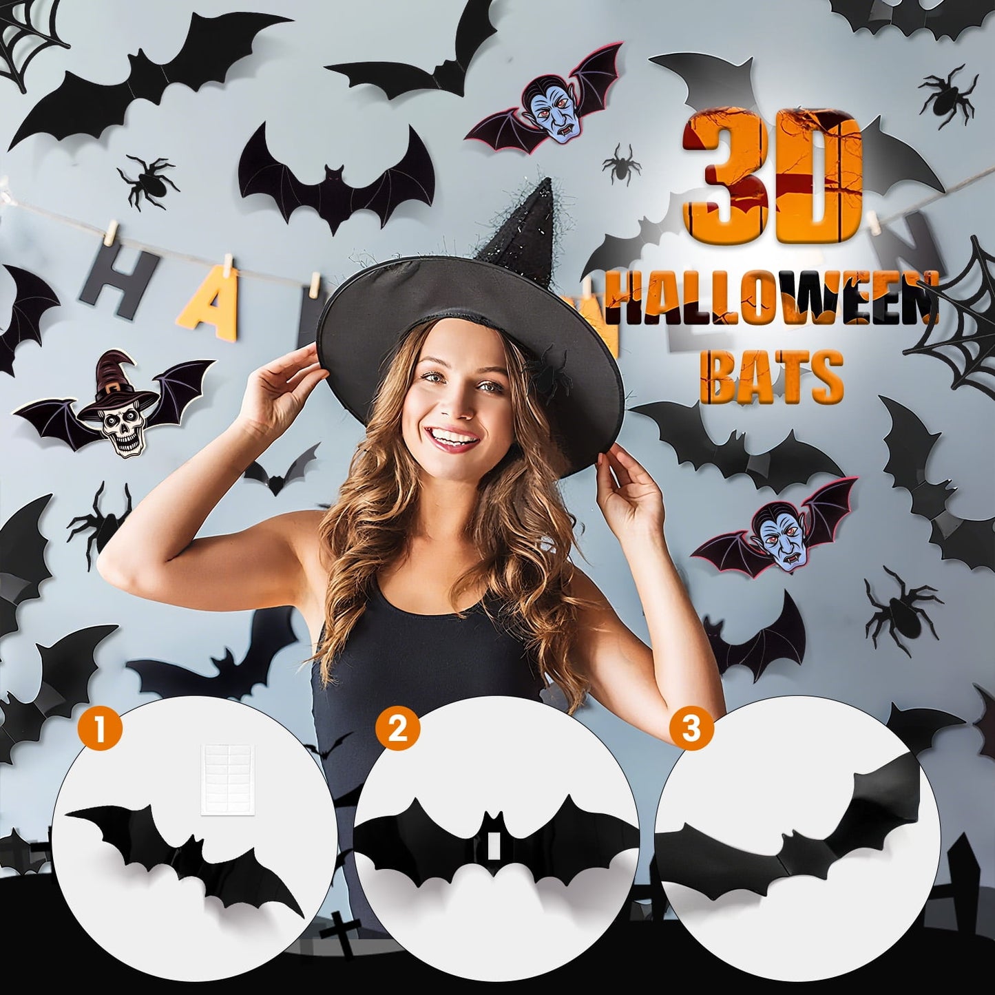 Ayieyill 156PCS Halloween Bats Decoration, 4 Different Sizes Realistic PVC Black 3D Bats Wall Sticker for Halloween Wall Decals Halloween Party Supplies