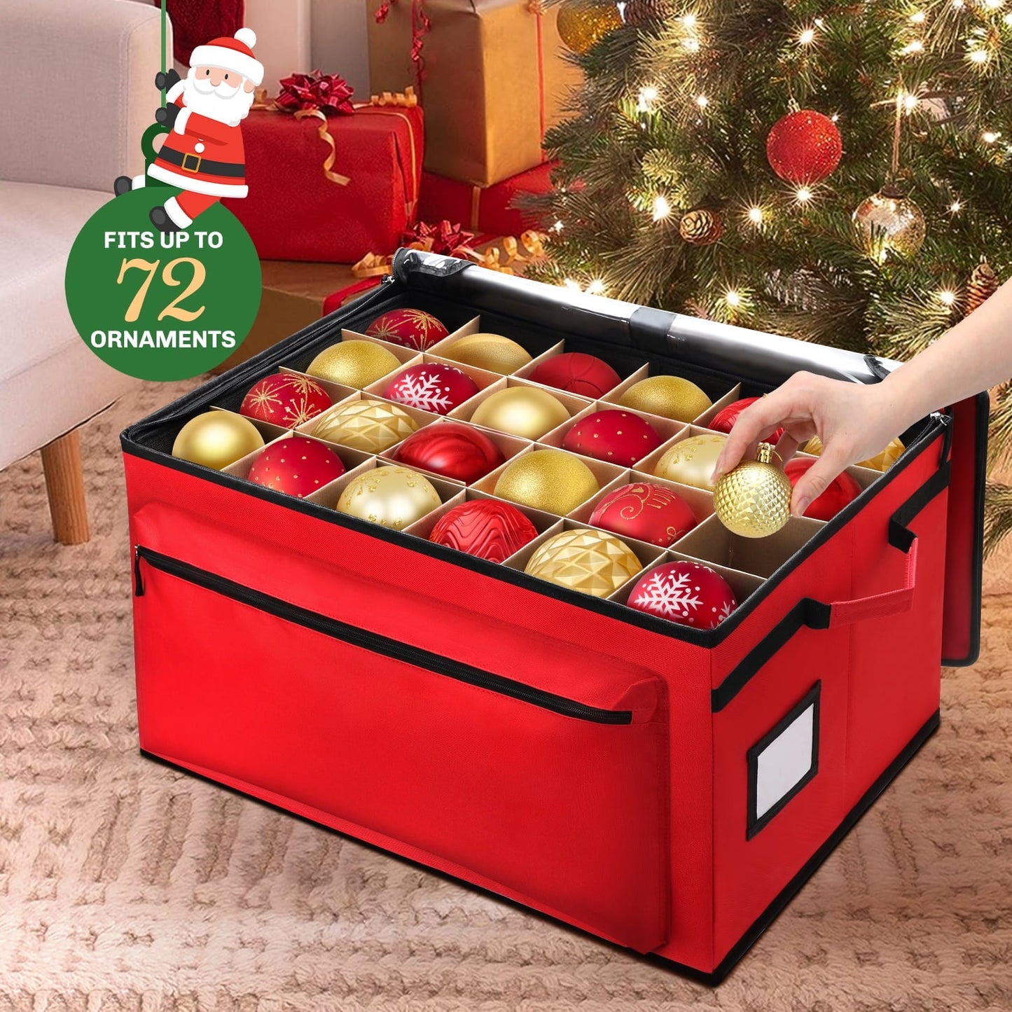 Ayieyill Premium Christmas Ornament Storage Container - Holds Up to 72-4” Ornaments Durable 600D Fabric - Adjustable Dividers - 3 Individual Trays